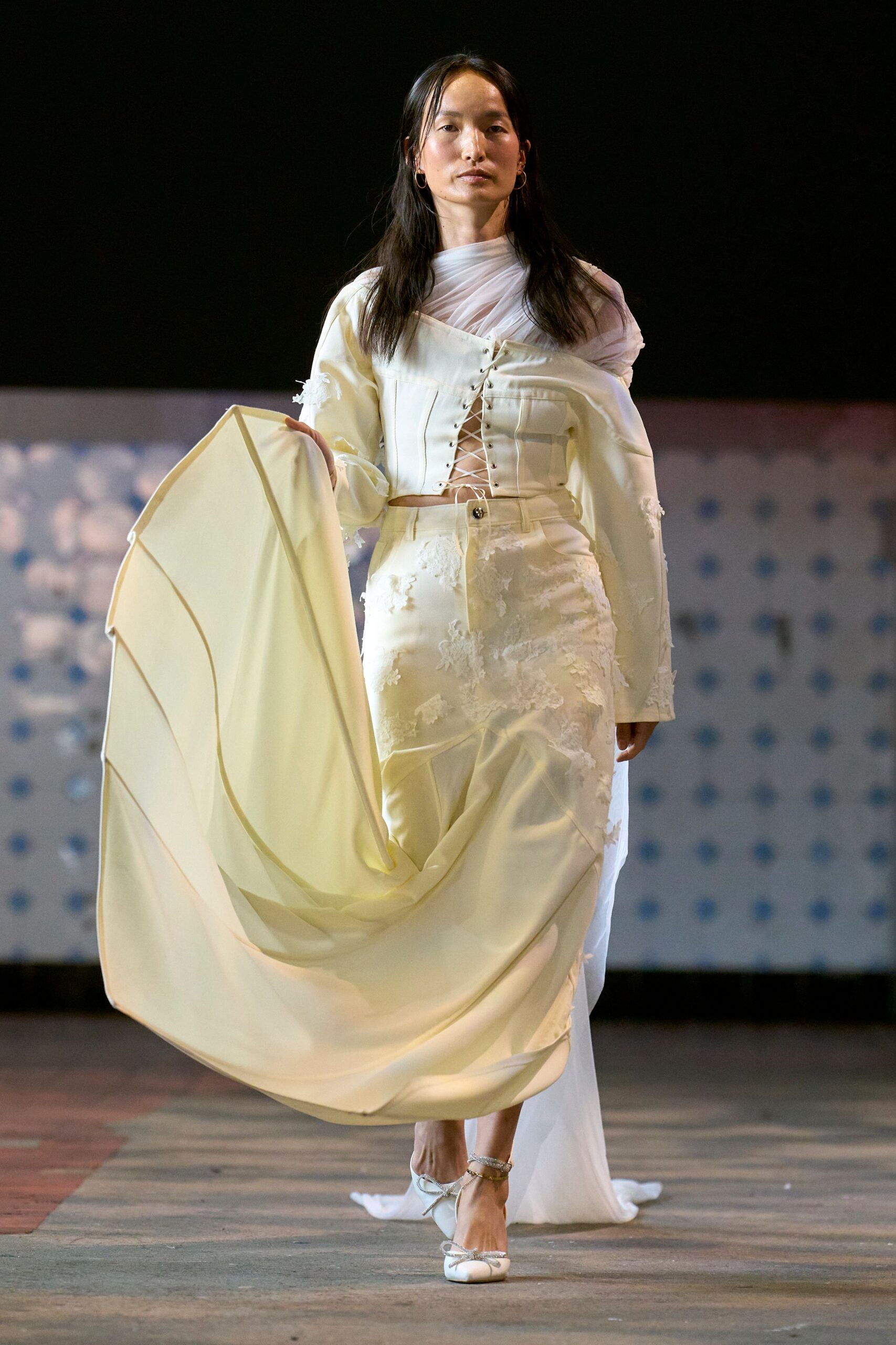 white silk long-sleeve v-neck fitted pleated embroidered dress