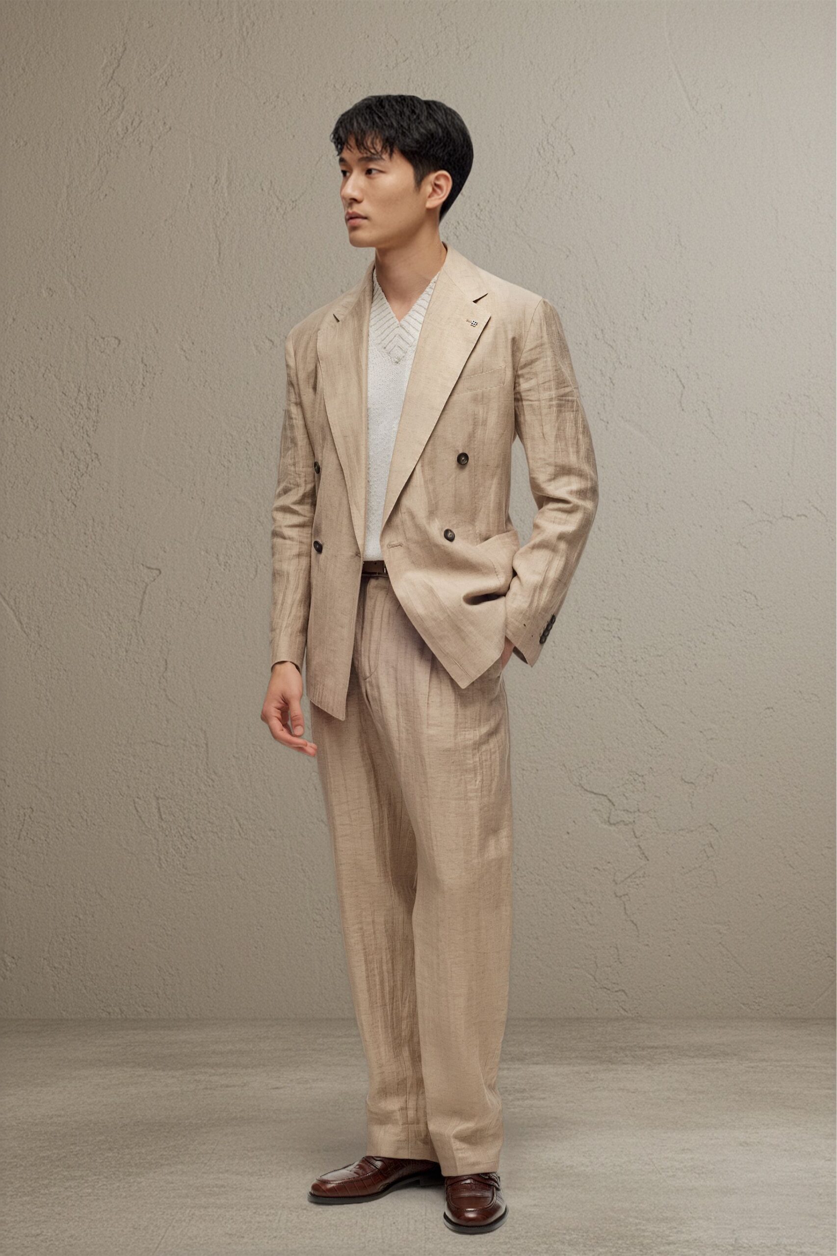 beige linen long-sleeve collared tailored suit
