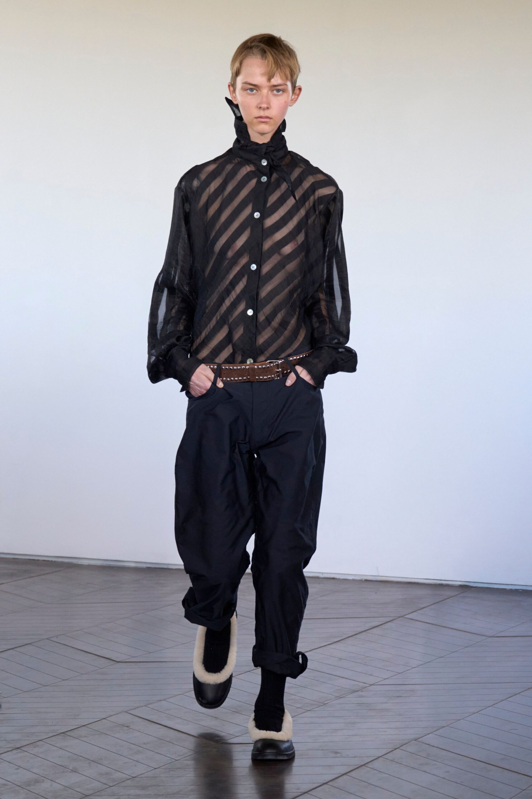 black mesh long-sleeve collared fitted striped sheer shirt