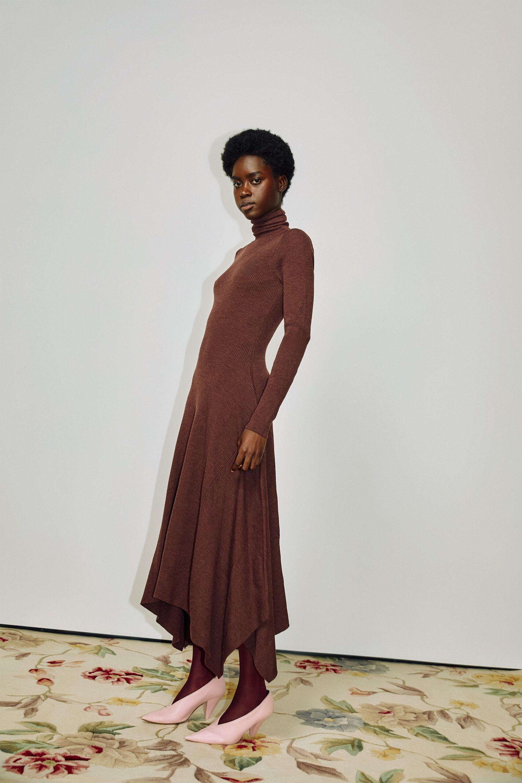 brown wool long-sleeve turtleneck fitted draped midi dress