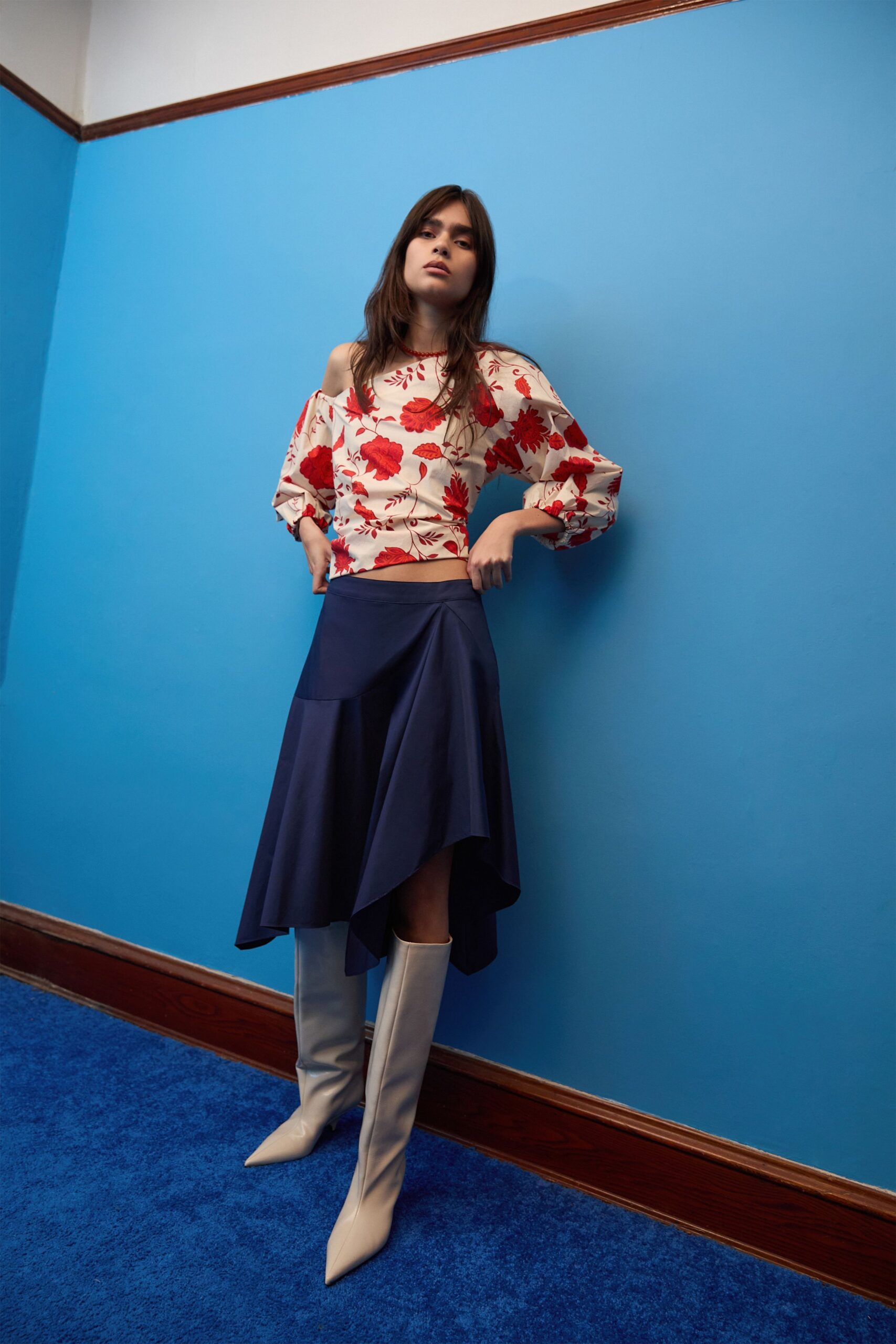 floral top blue asymmetric skirt
