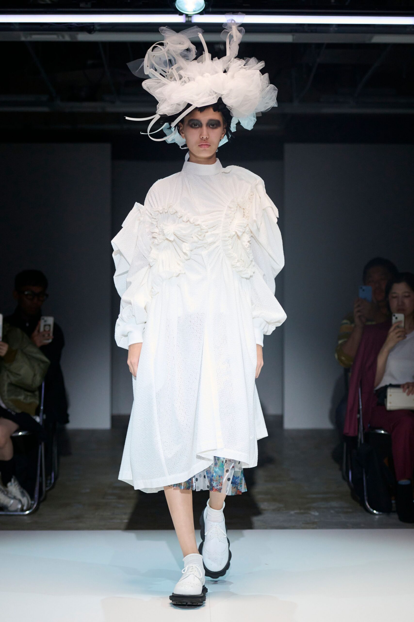 white cotton long-sleeve collared relaxed pleated layered dress