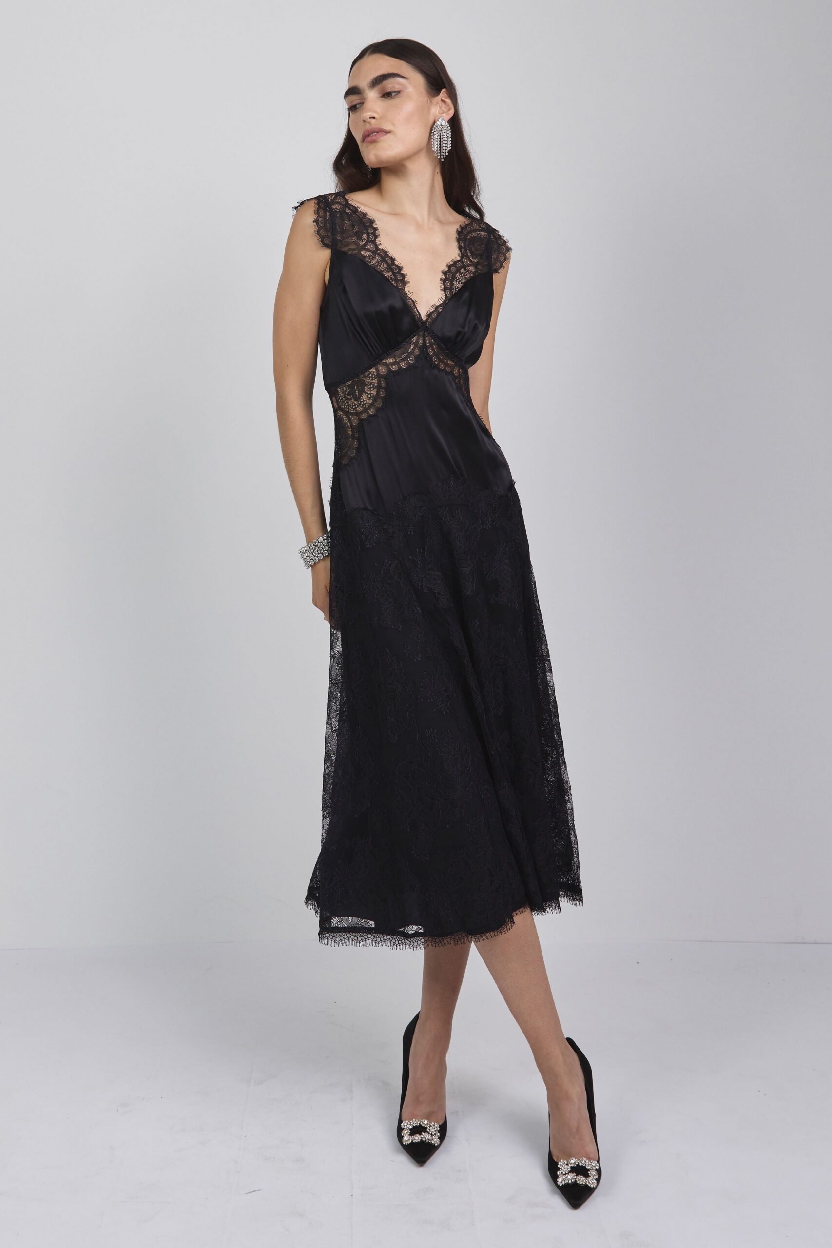 black silk lace midi dress with heels