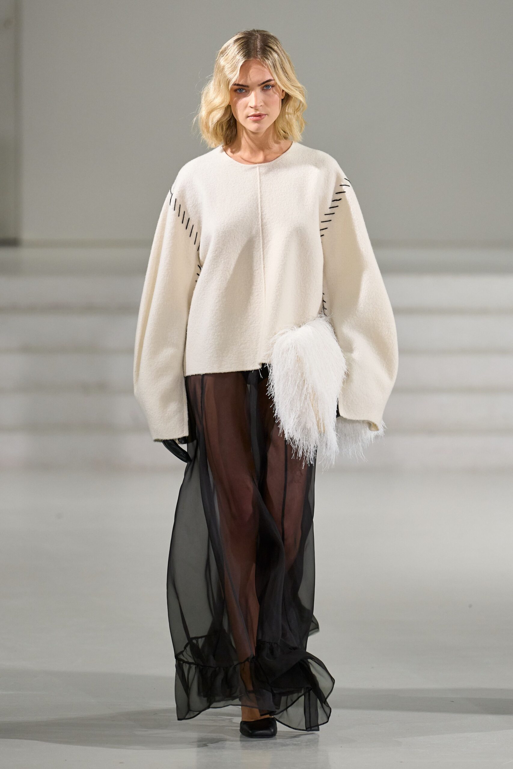 white wool long-sleeve collared relaxed pleated top