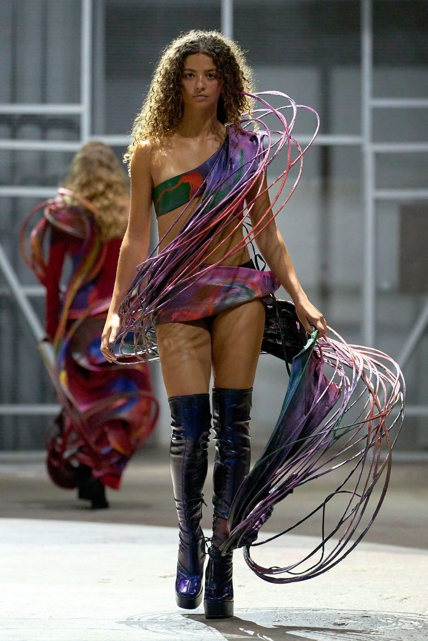 purple silk sleeveless asymmetric fitted draped flowing dress