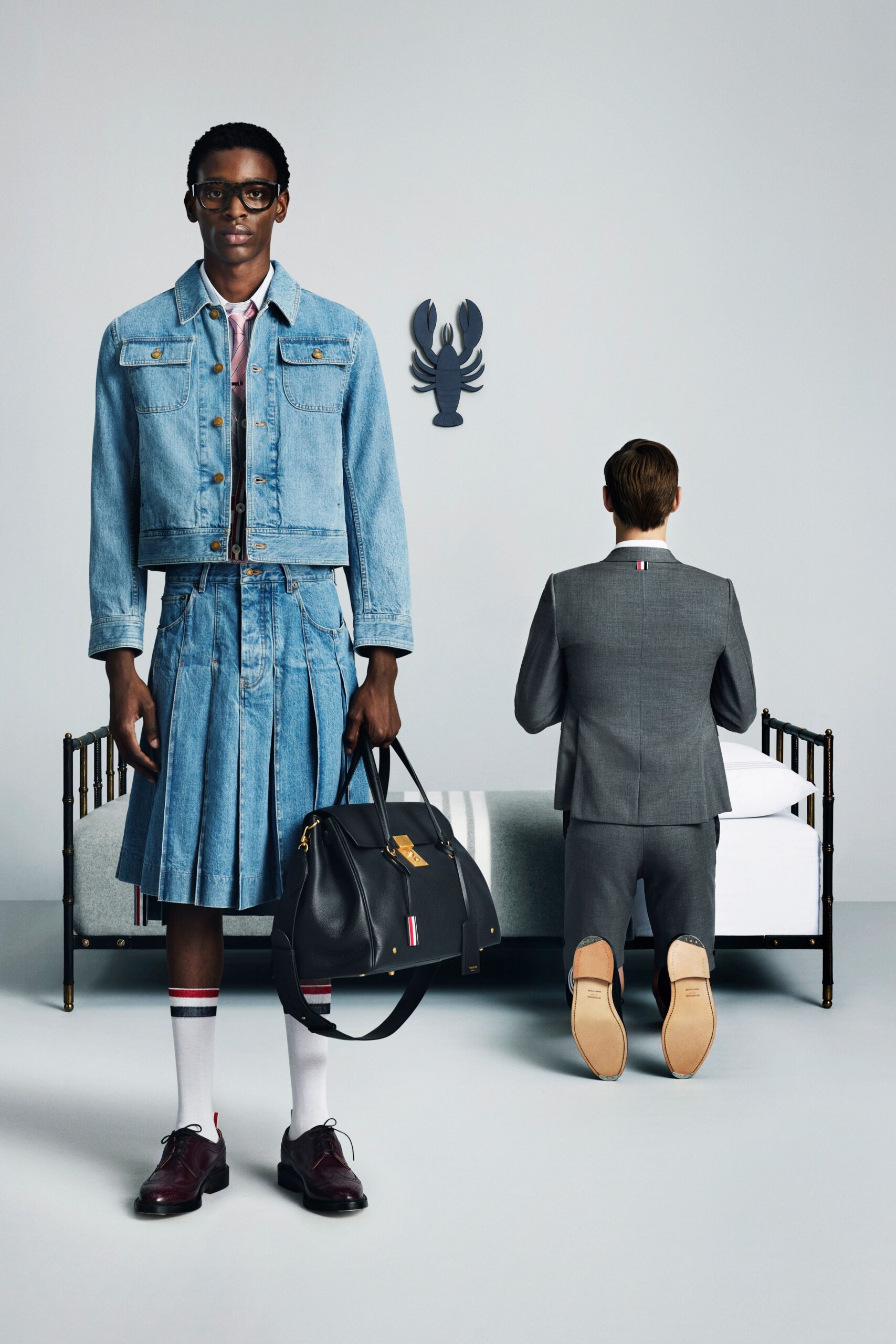 blue denim jacket and pleated skirt