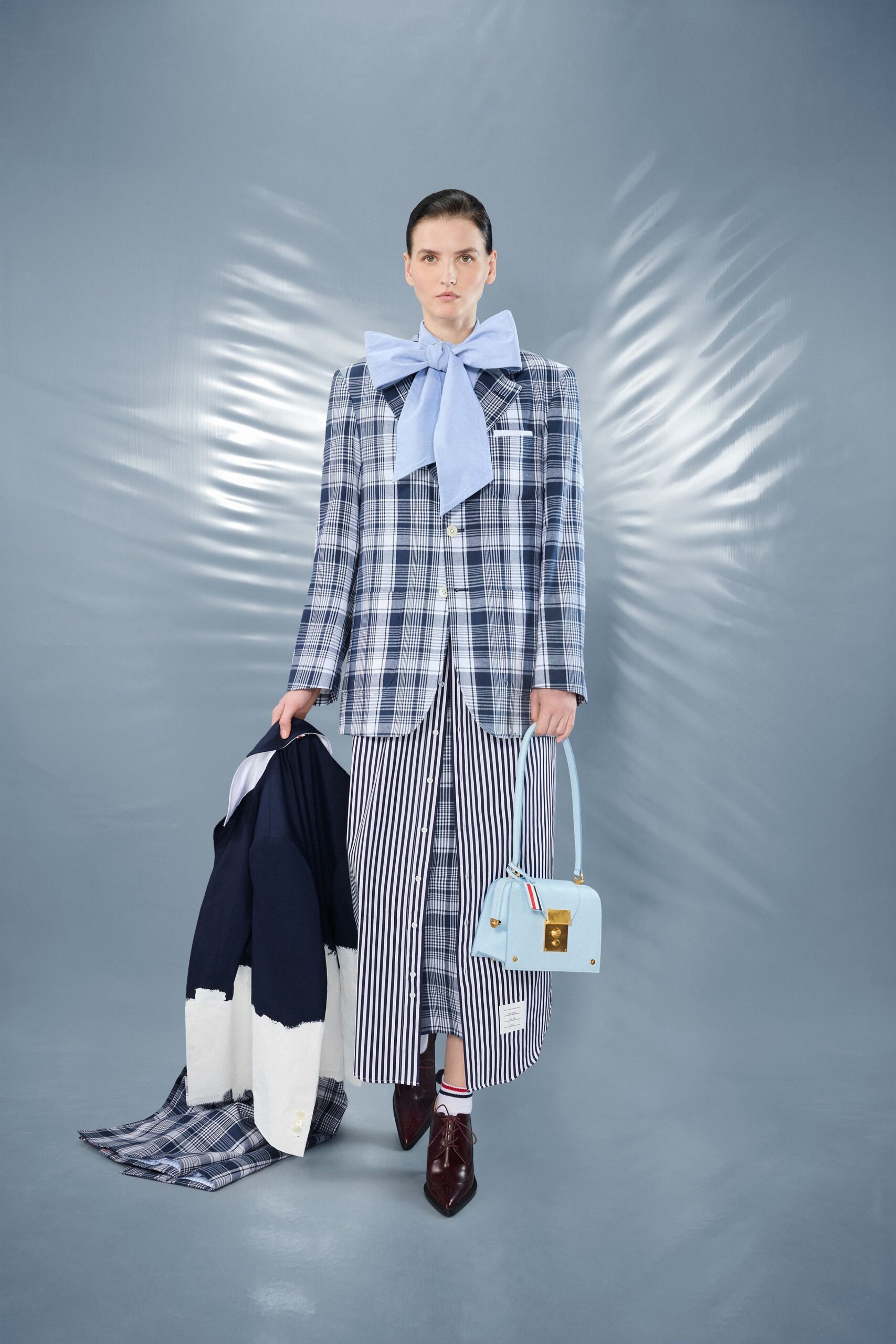 blue checked blazer with striped pants