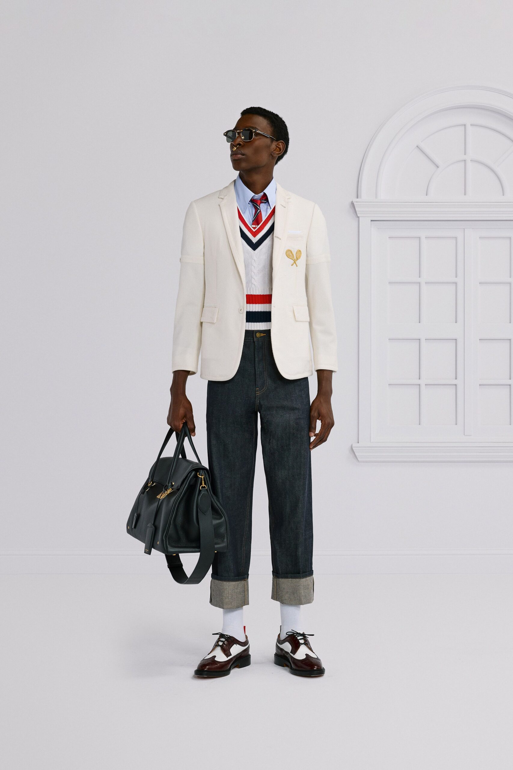 white tailored blazer with sweater