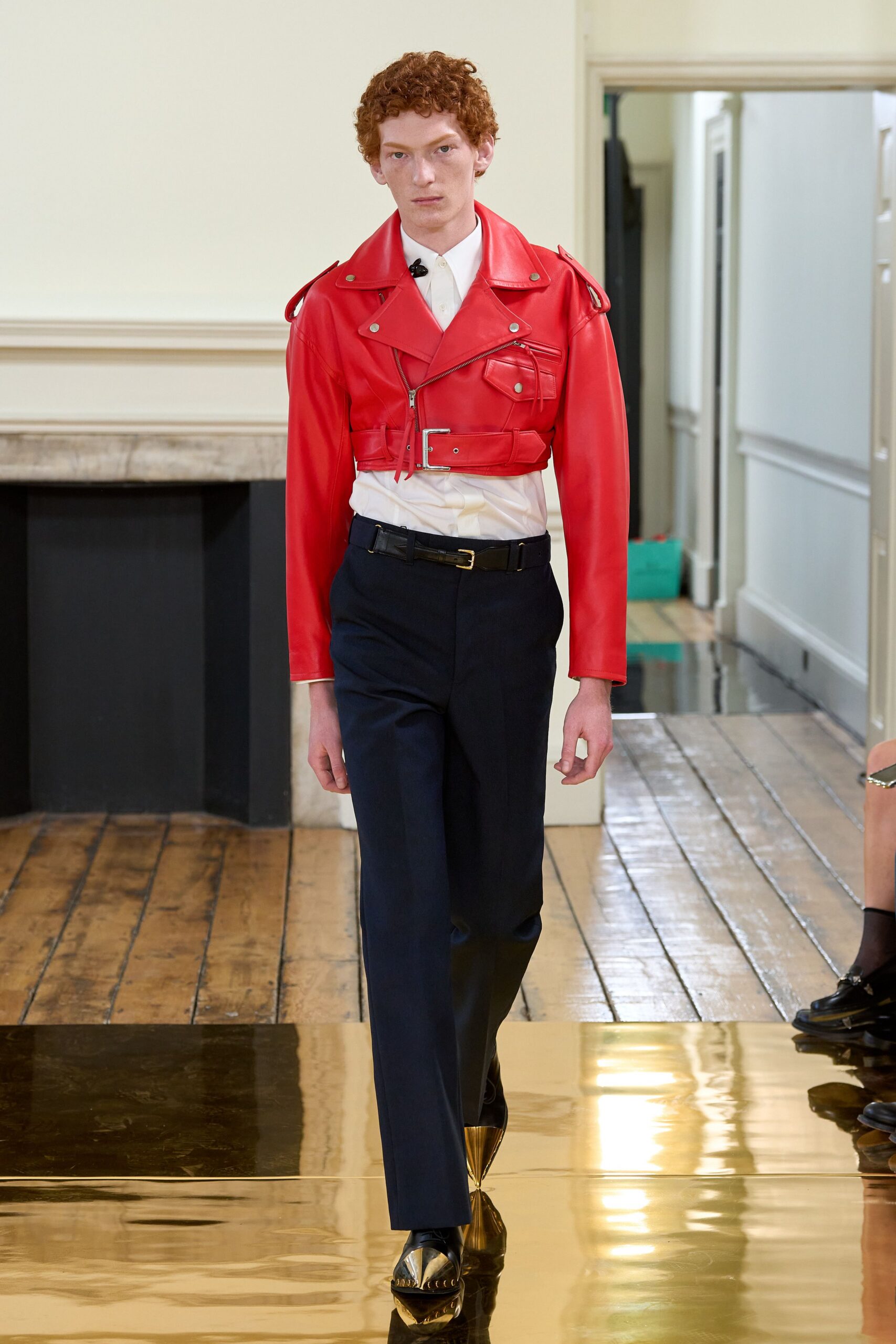 red leather long-sleeve collared fitted zippered jacket
