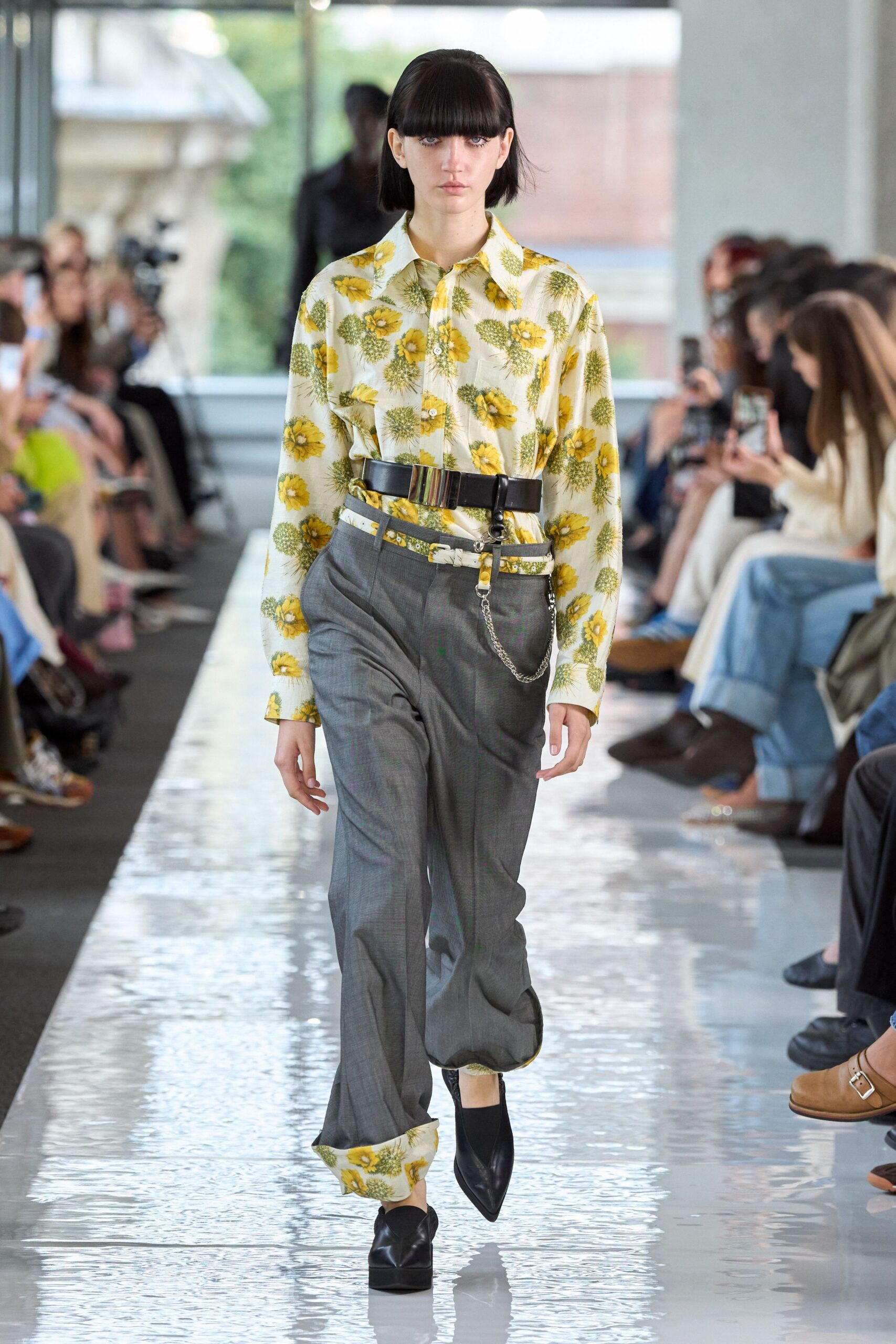 floral shirt gray pants