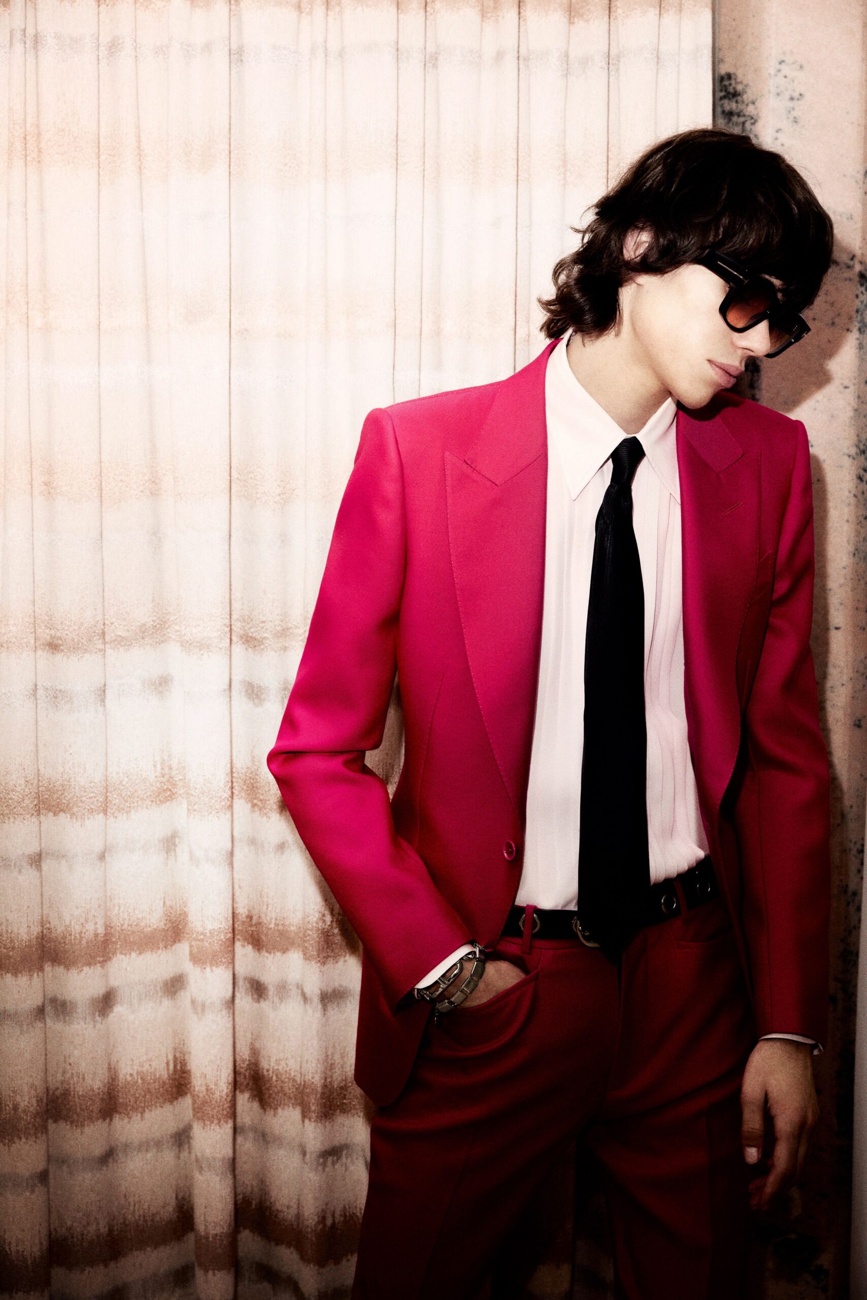 pink long-sleeve collared tailored suit