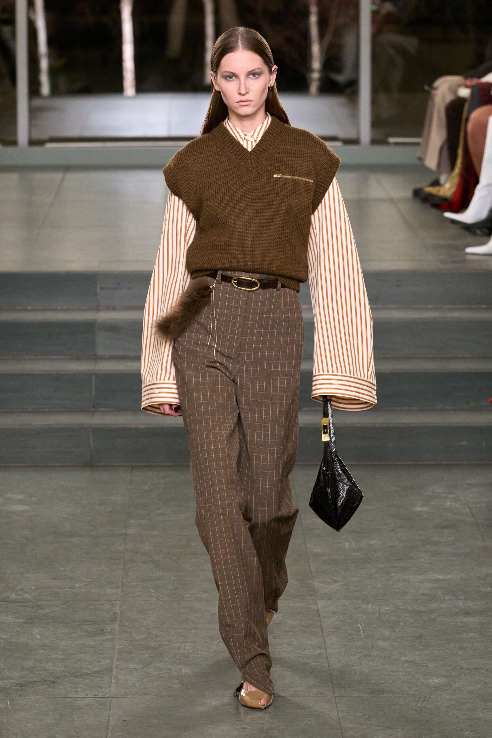 brown wool long-sleeve collared relaxed layered top