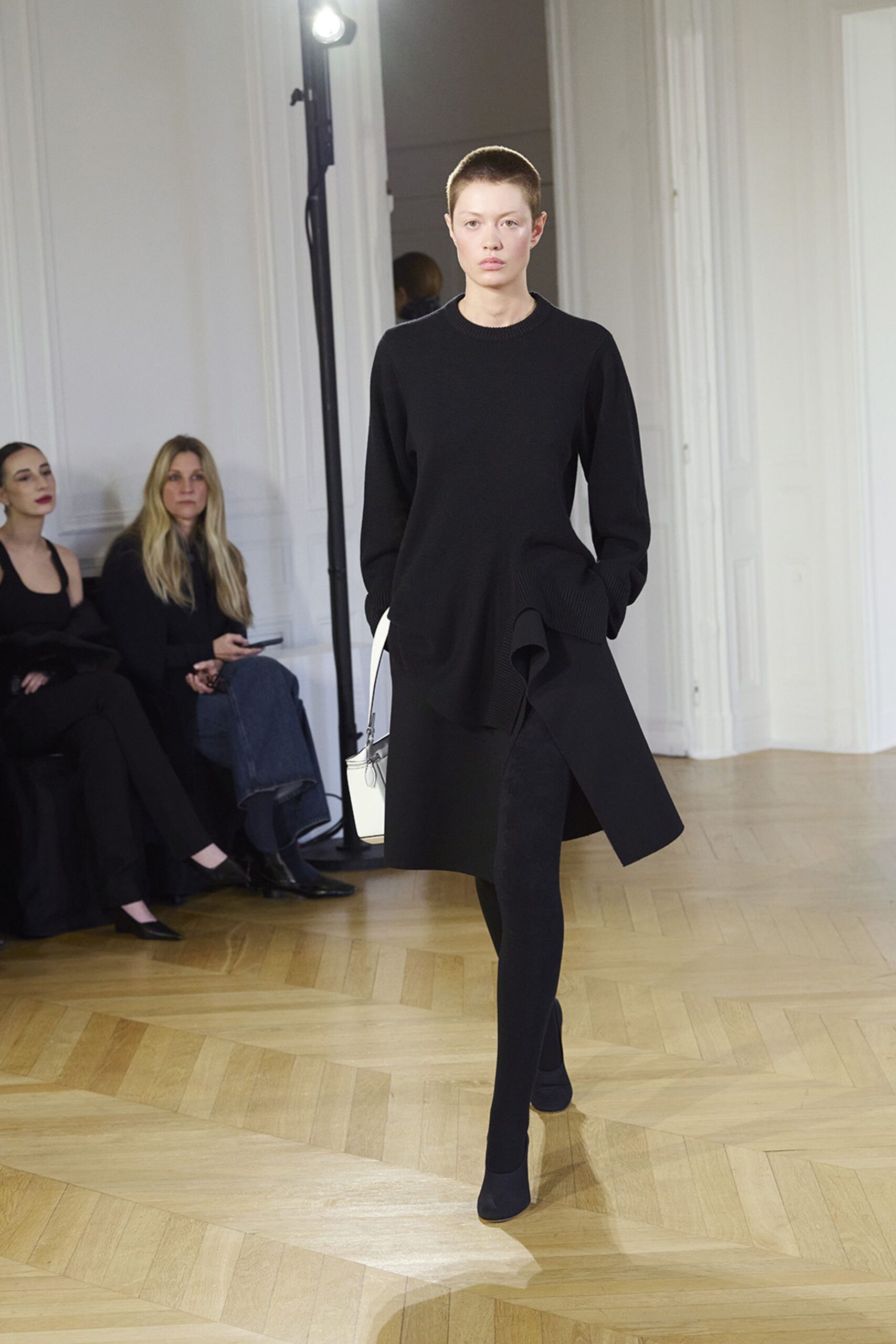 black wool long-sleeve scoop-neck fitted midi dress