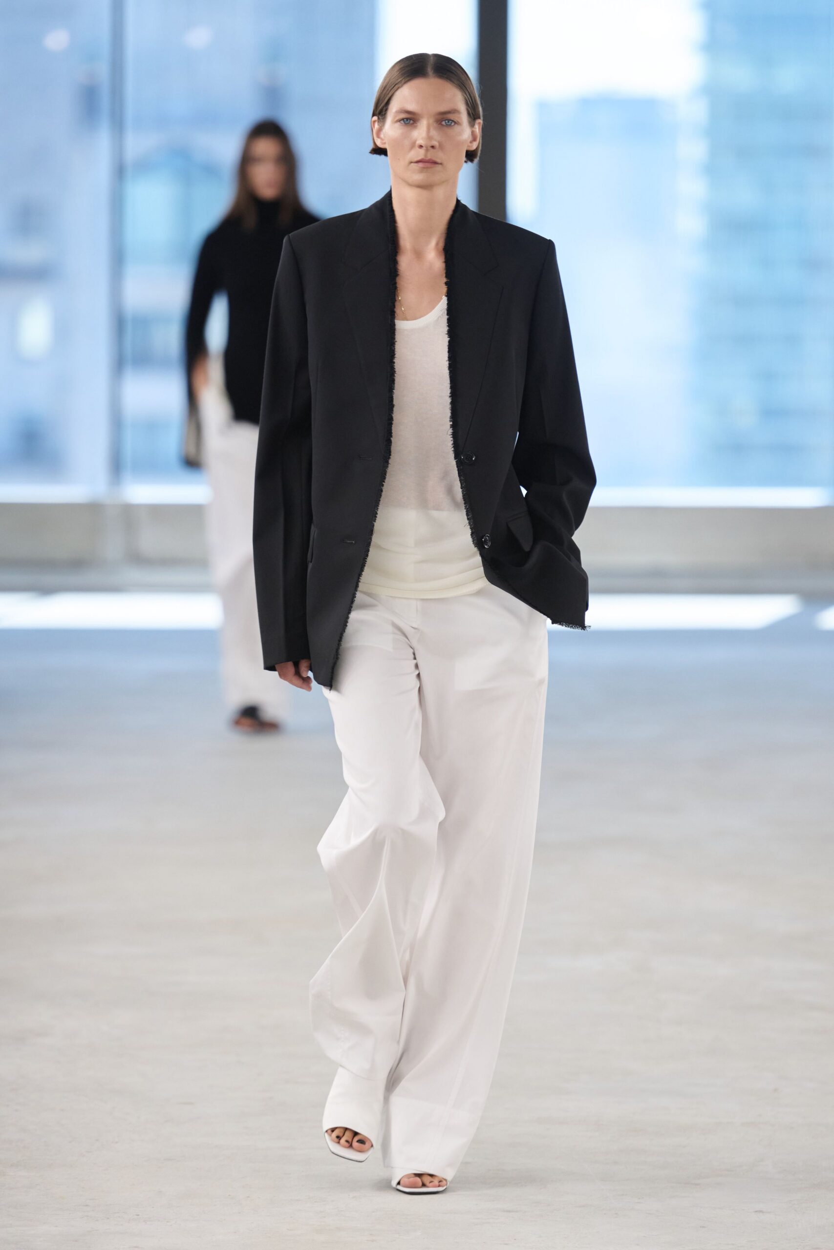black blazer white top wide-leg pants