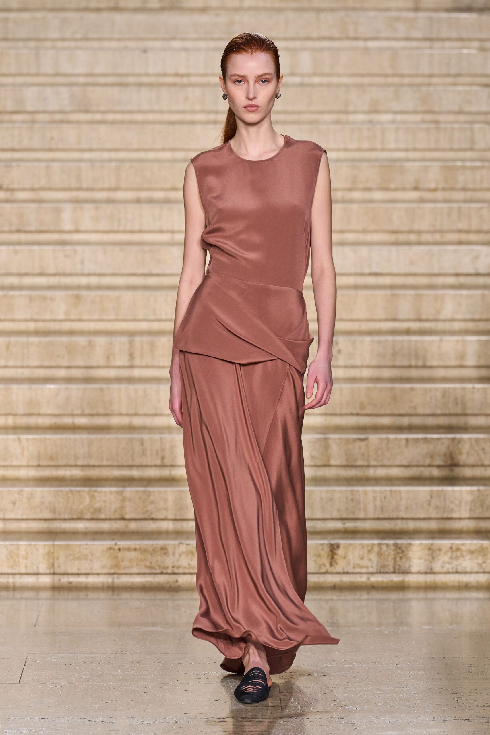 brown silk sleeveless fitted draped flowing maxi gown