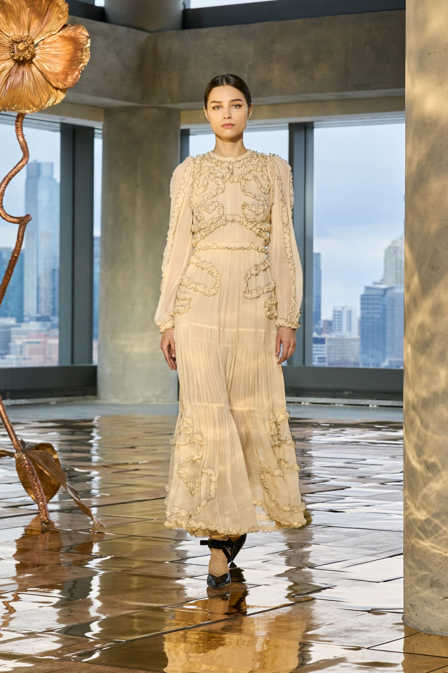 beige silk long-sleeve collared fitted embroidered tiered gown