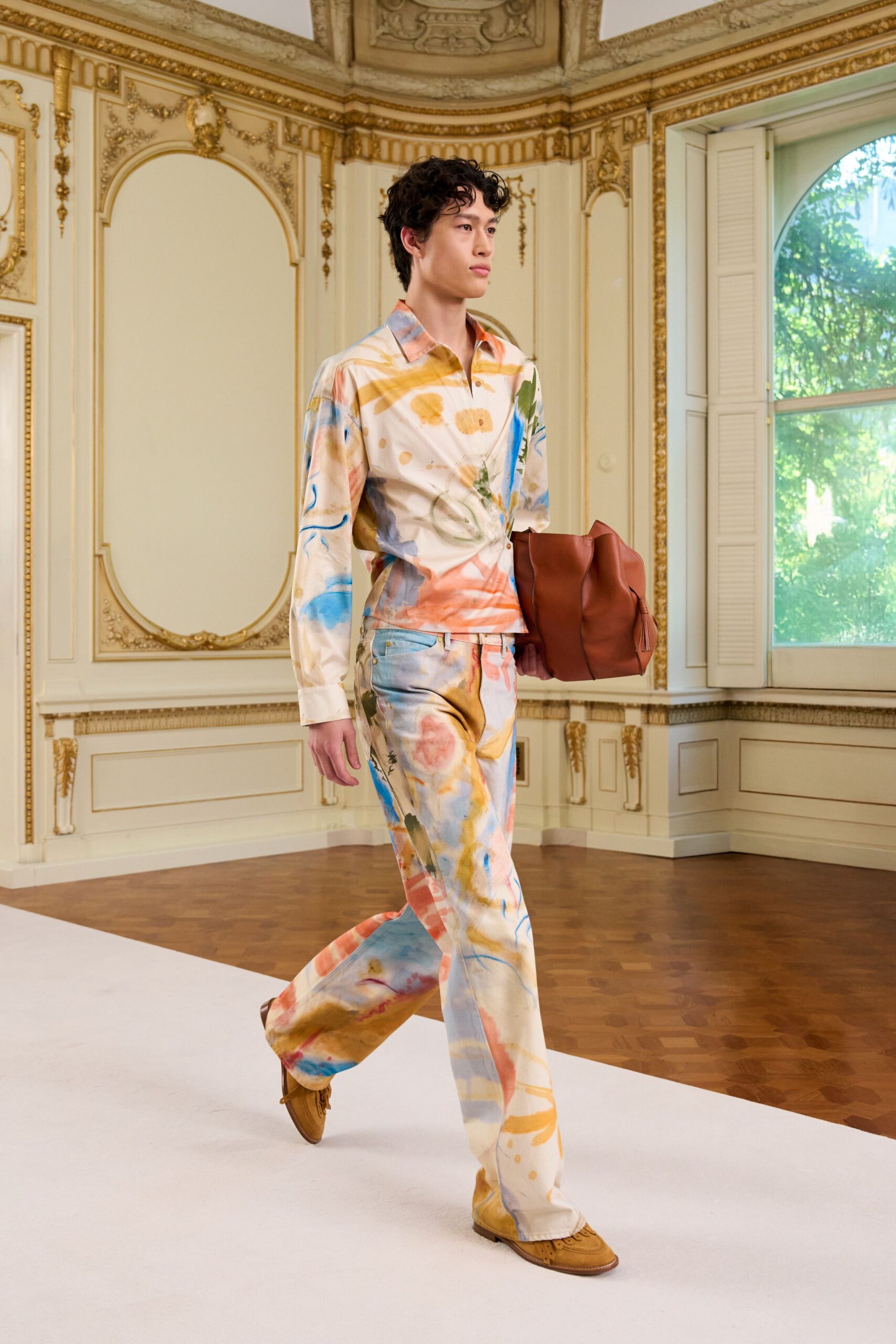 beige cotton long-sleeve collared fitted printed shirt
