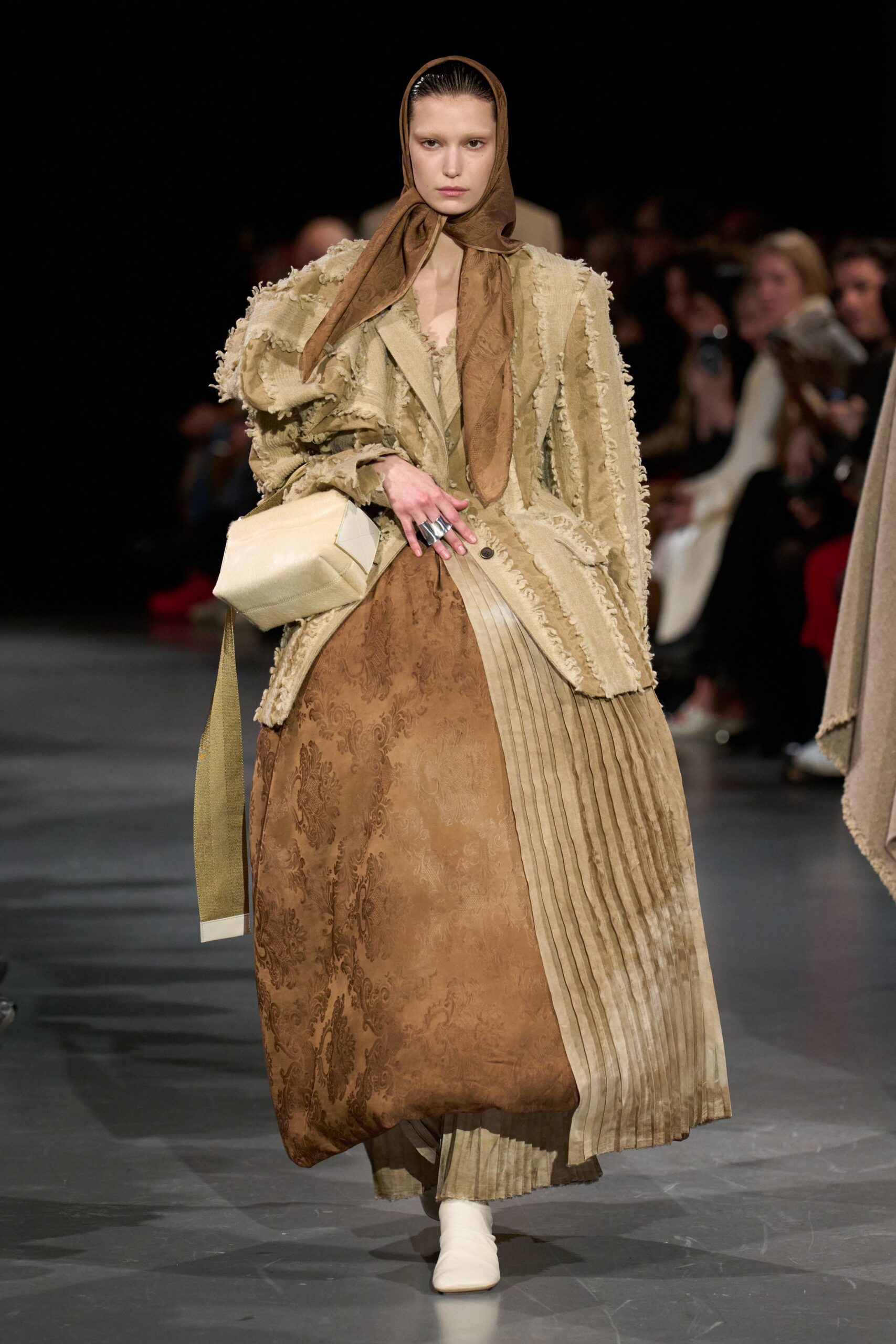 beige silk long-sleeve collared fitted pleated layered dress