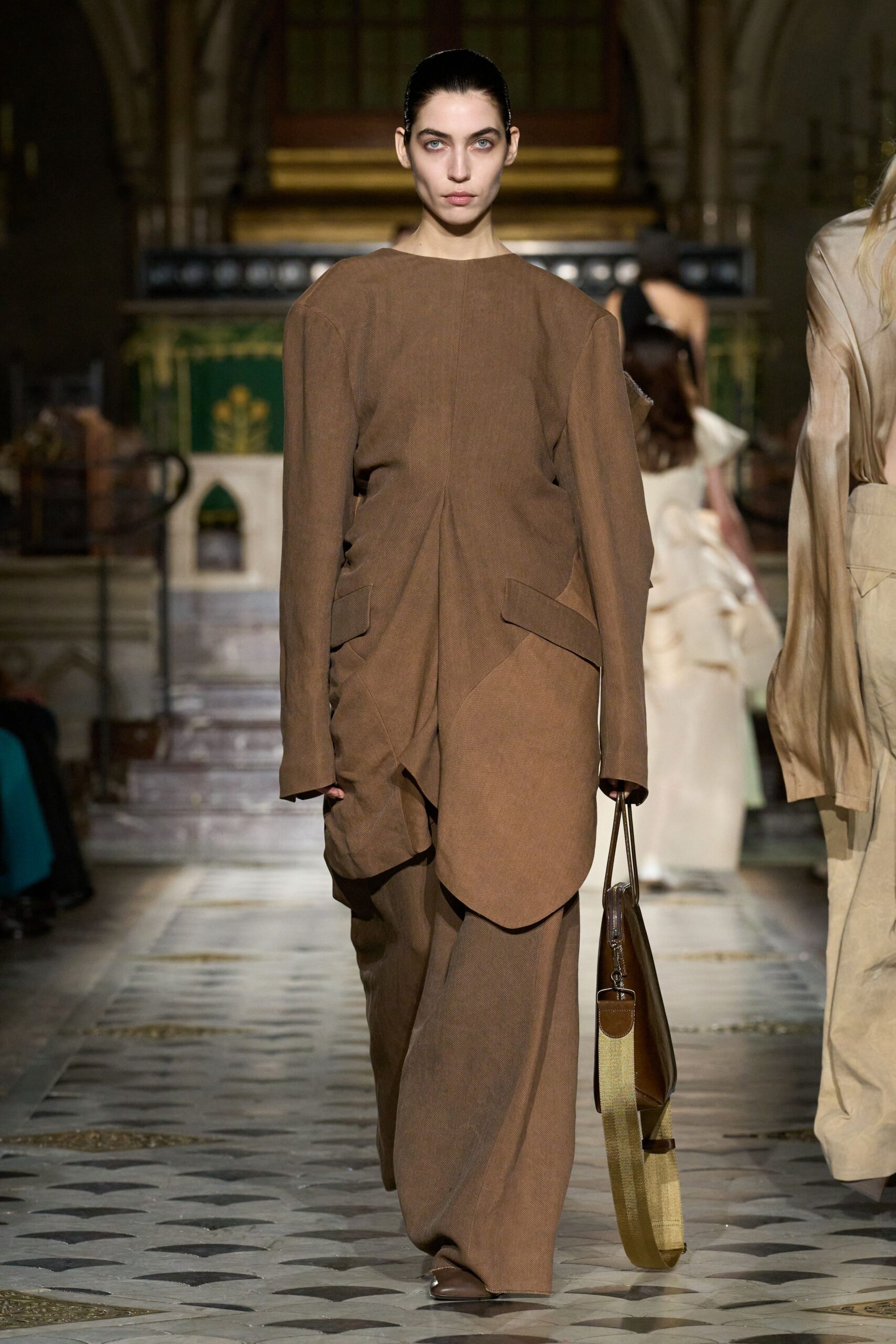 brown cotton long-sleeve collared relaxed draped pockets top