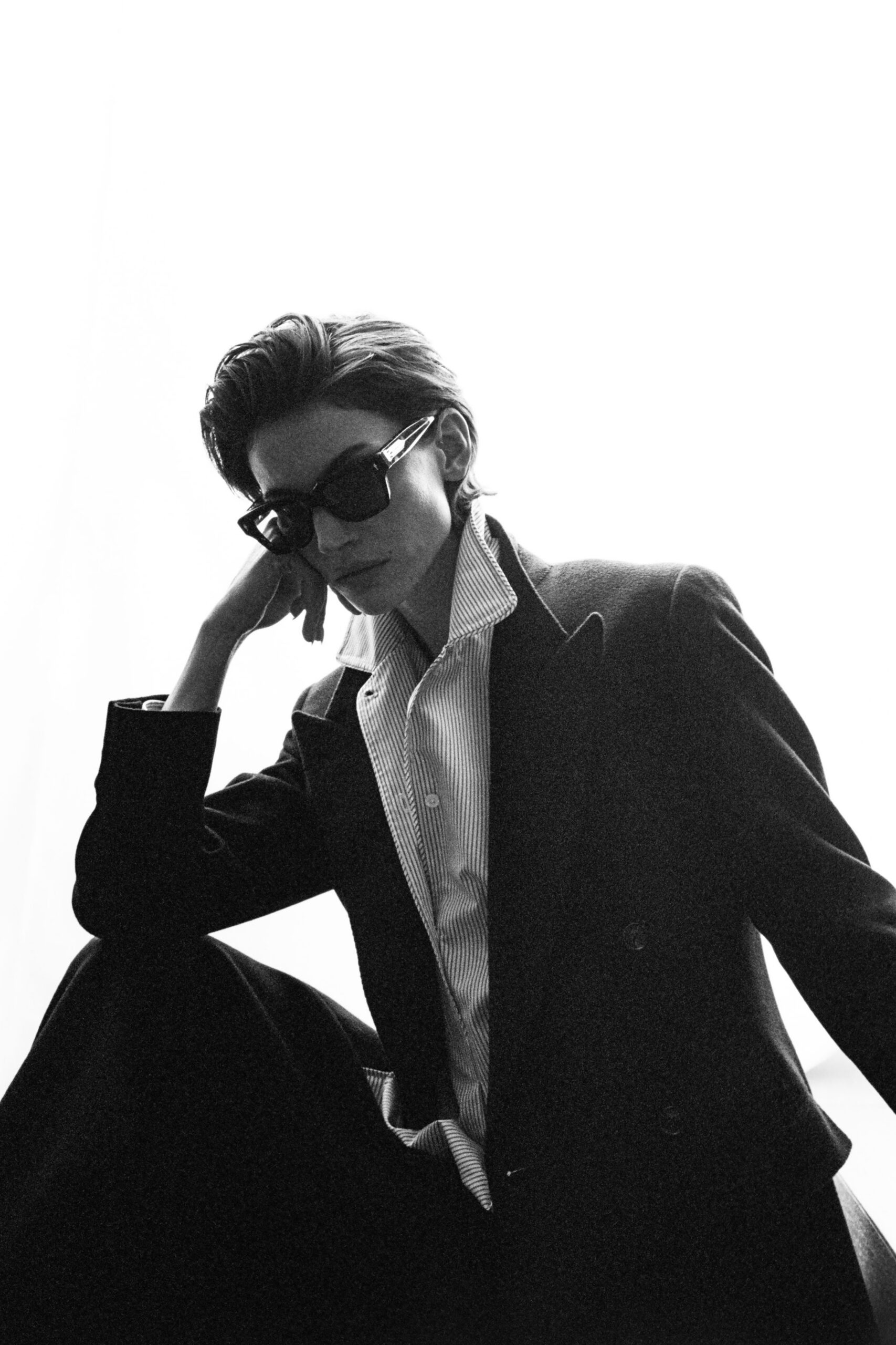black blazer white striped shirt sunglasses