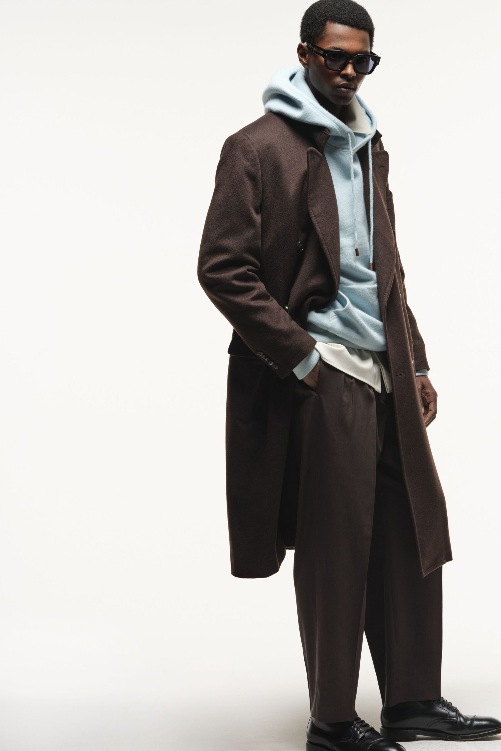 blue cotton long-sleeve hooded fitted hoodie