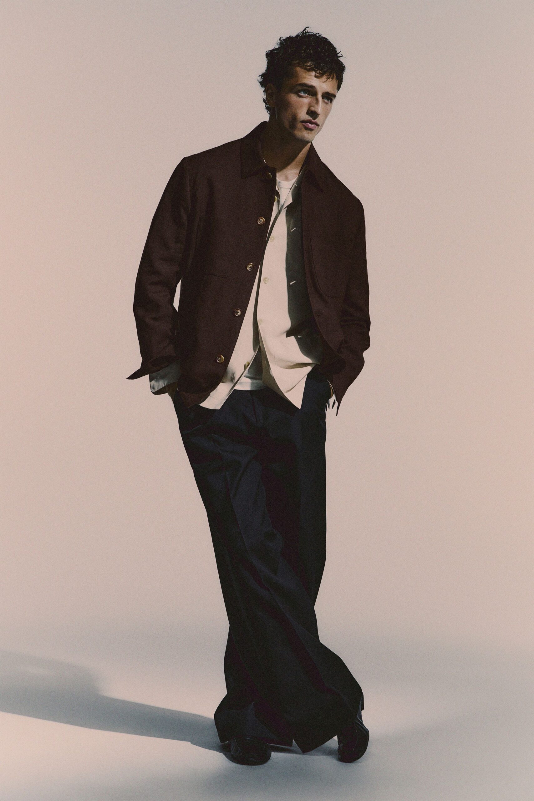 brown cotton long-sleeve collared relaxed buttoned jacket