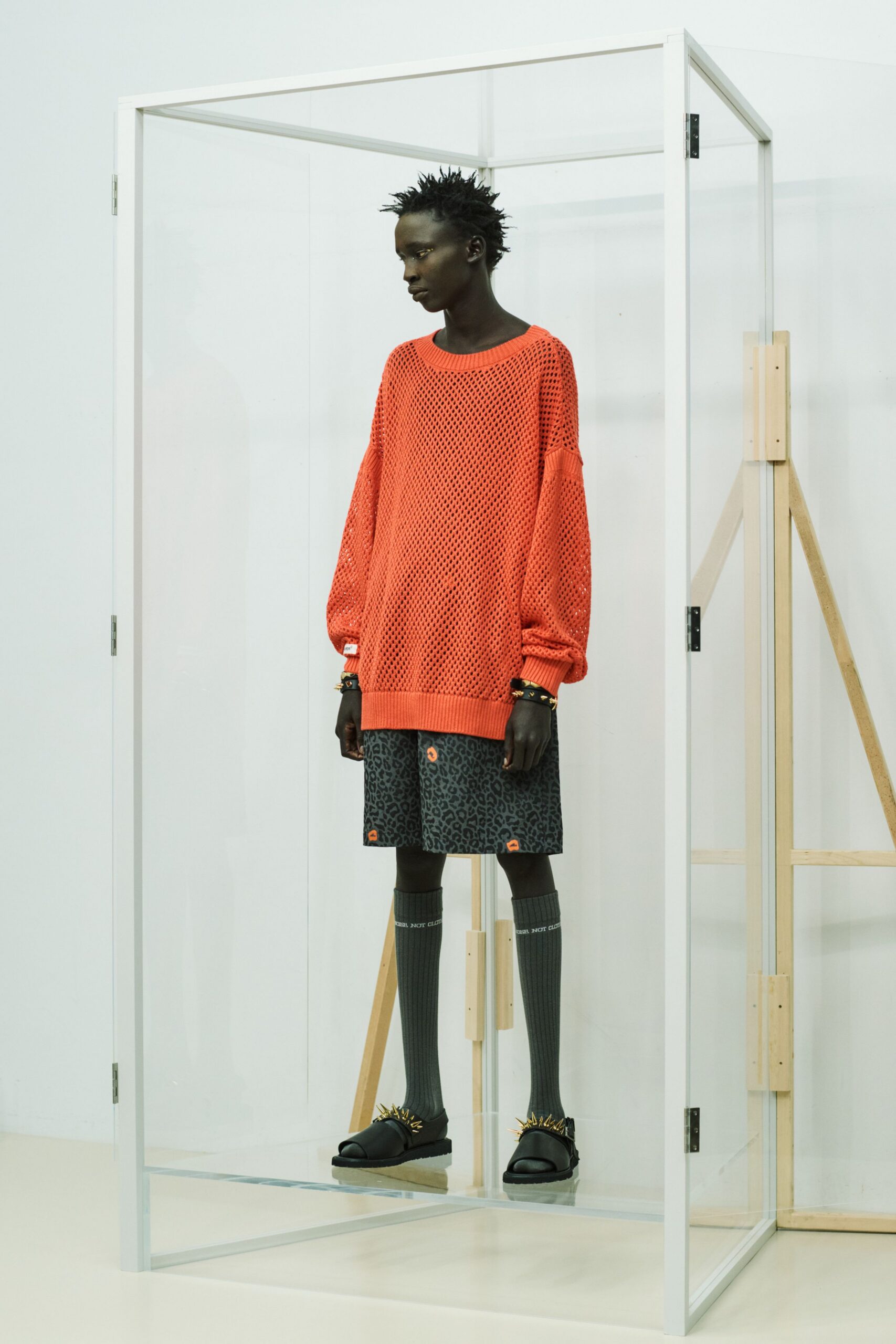 orange cotton long-sleeve collared oversized textured sweater