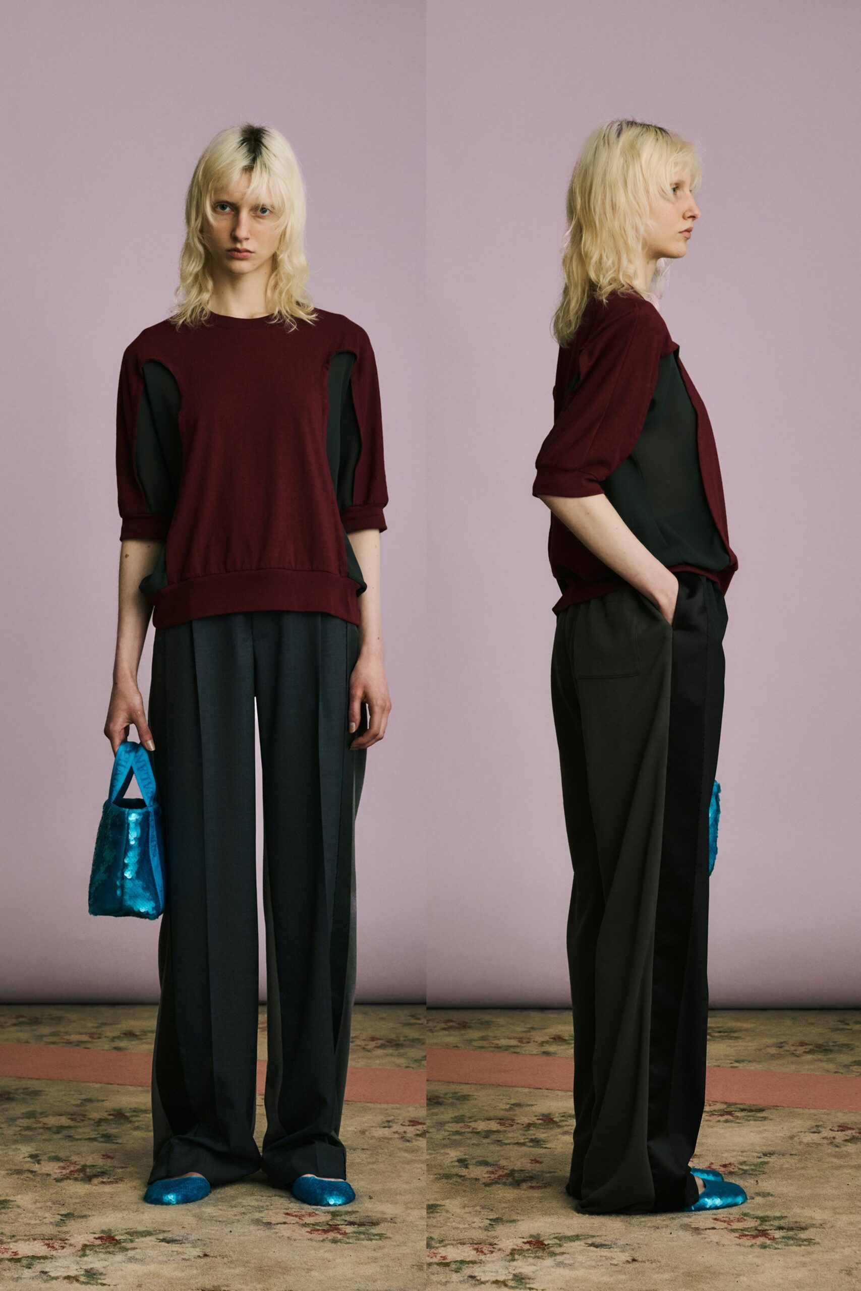 maroon relaxed top with black pants