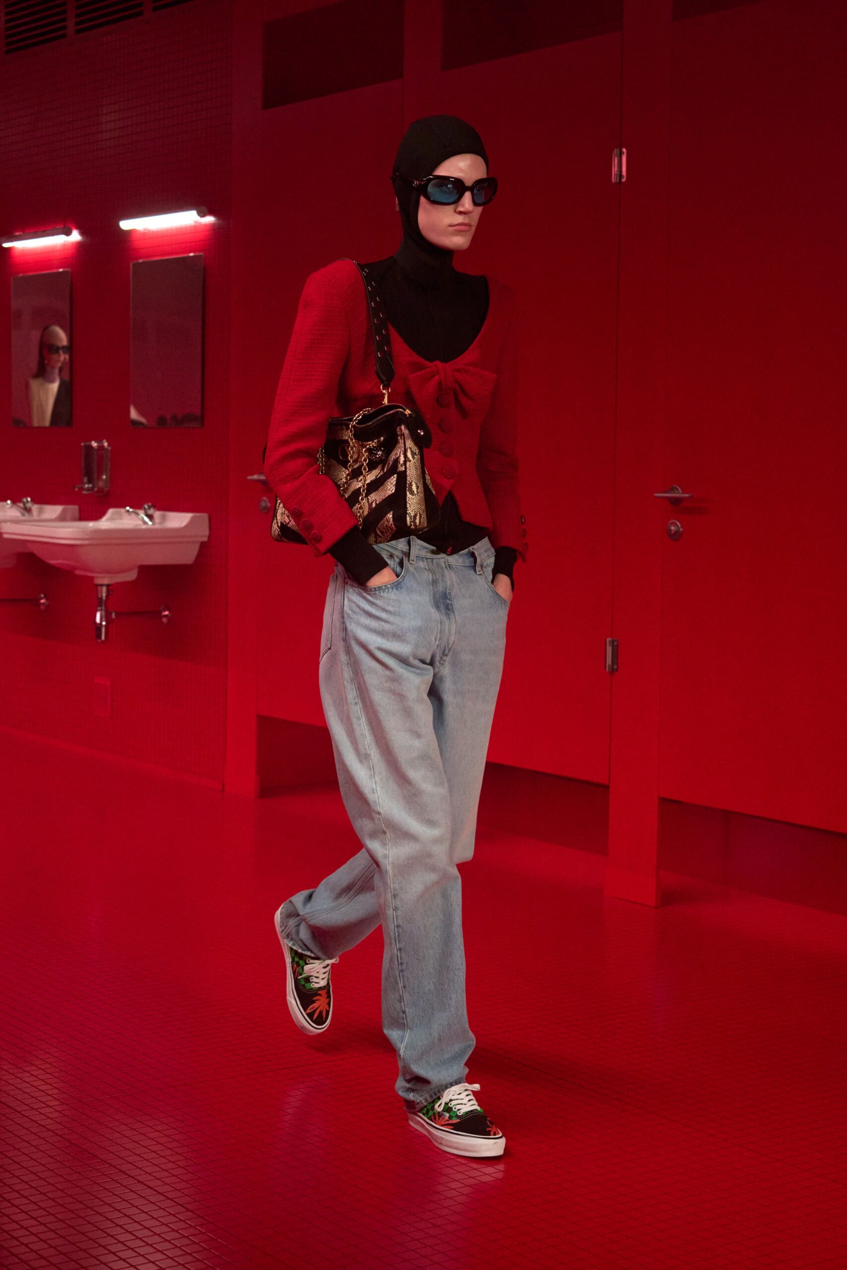 red cotton long-sleeve collared fitted buttoned cardigan