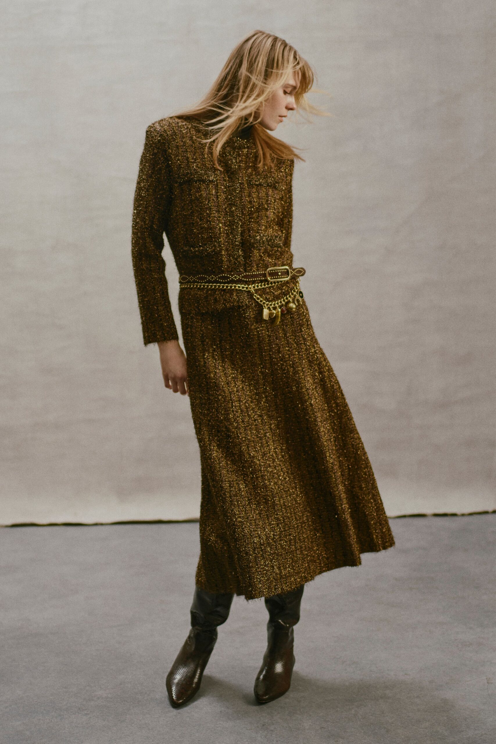 brown tweed long-sleeve collared fitted belted textured dress