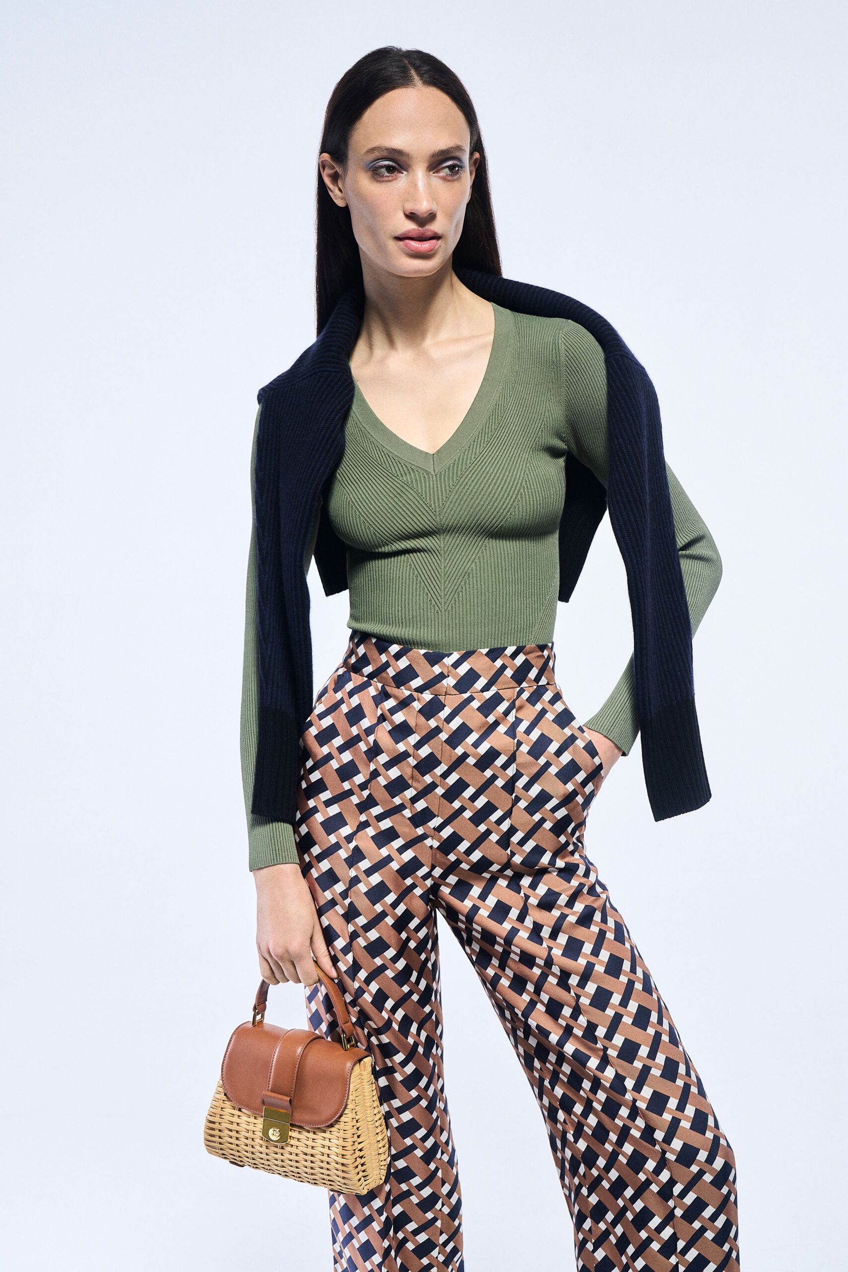 green cotton long-sleeve v-neck fitted ribbed top