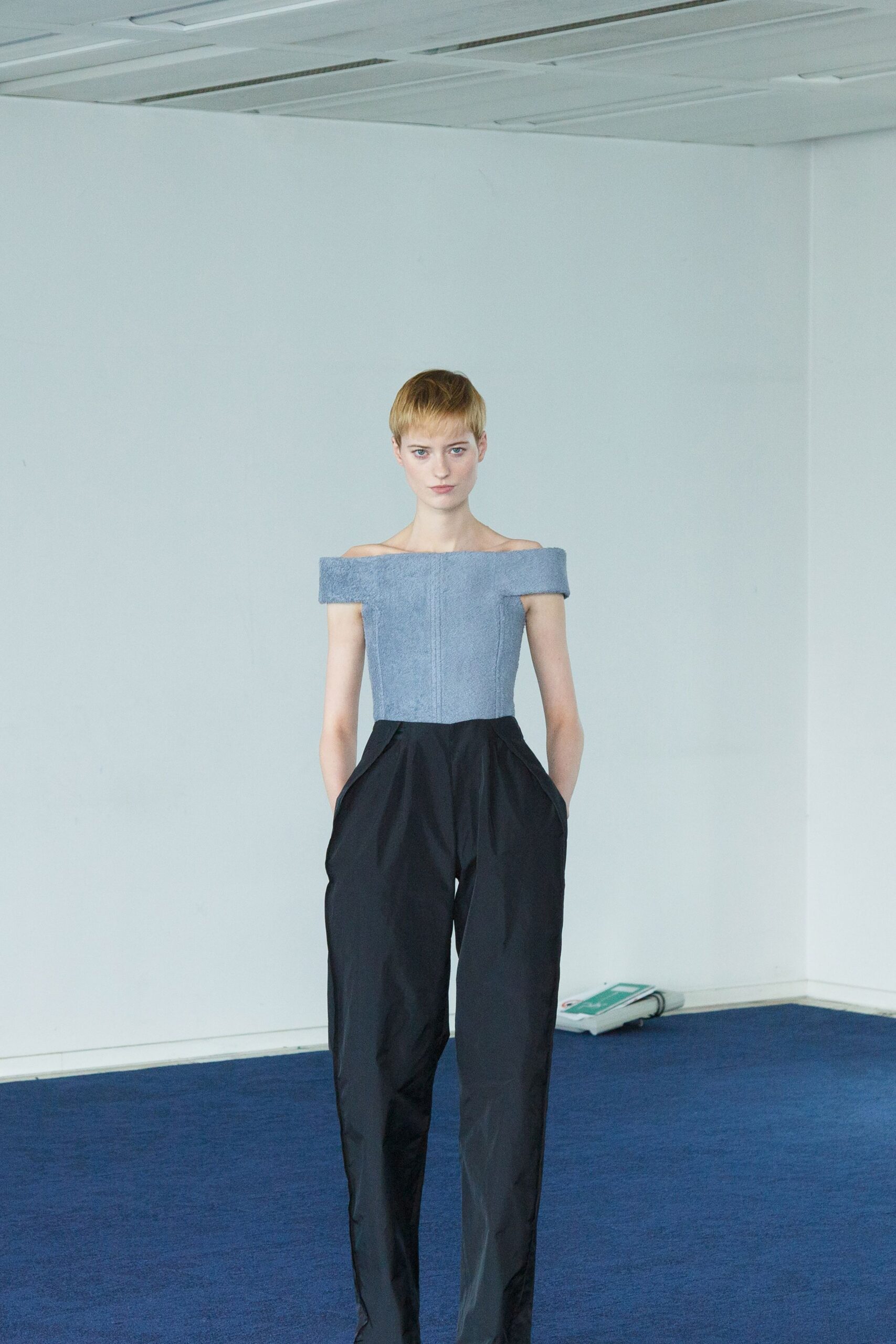 blue off-shoulder jumpsuit