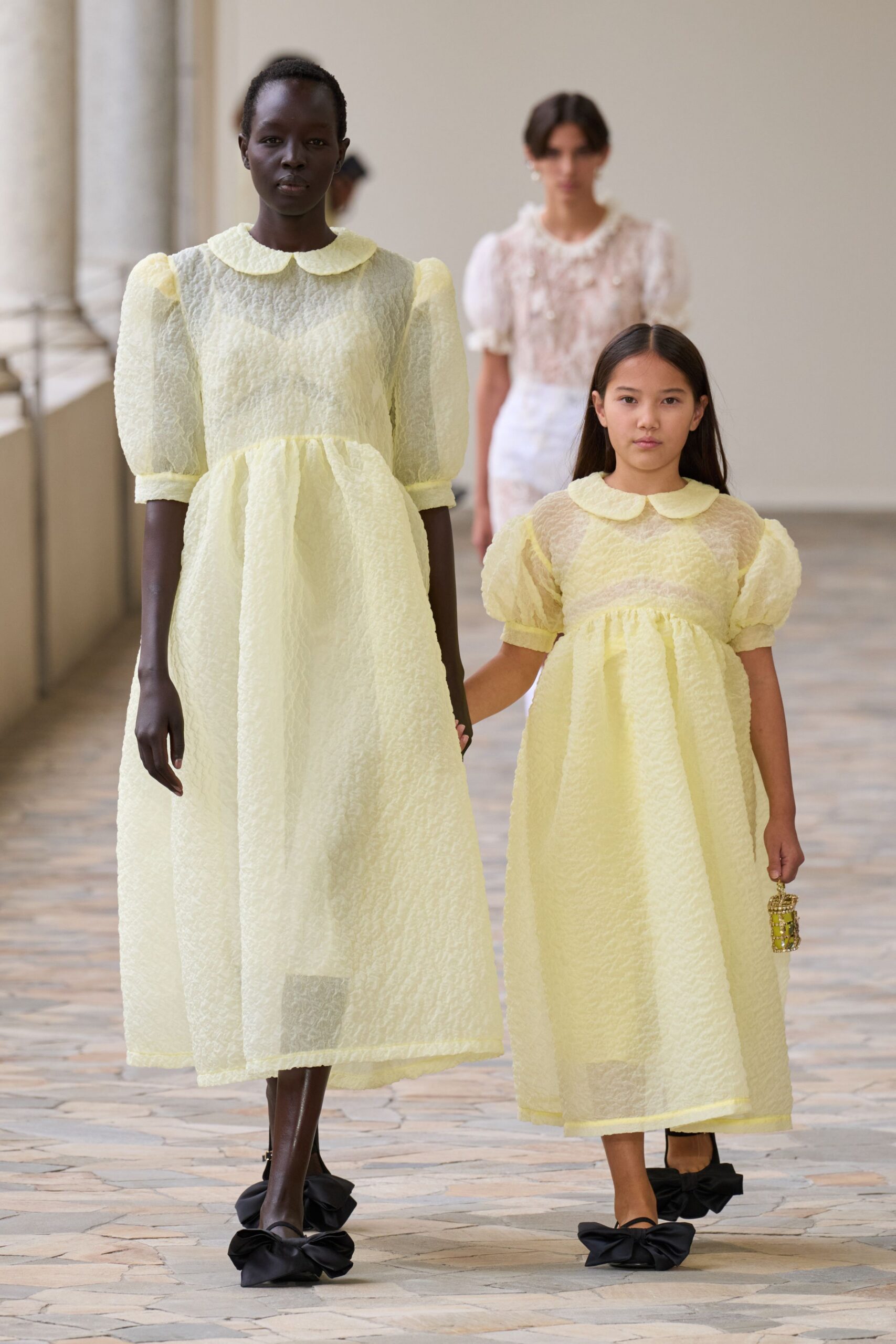 yellow chiffon short-sleeve collared relaxed pleated sheer dress