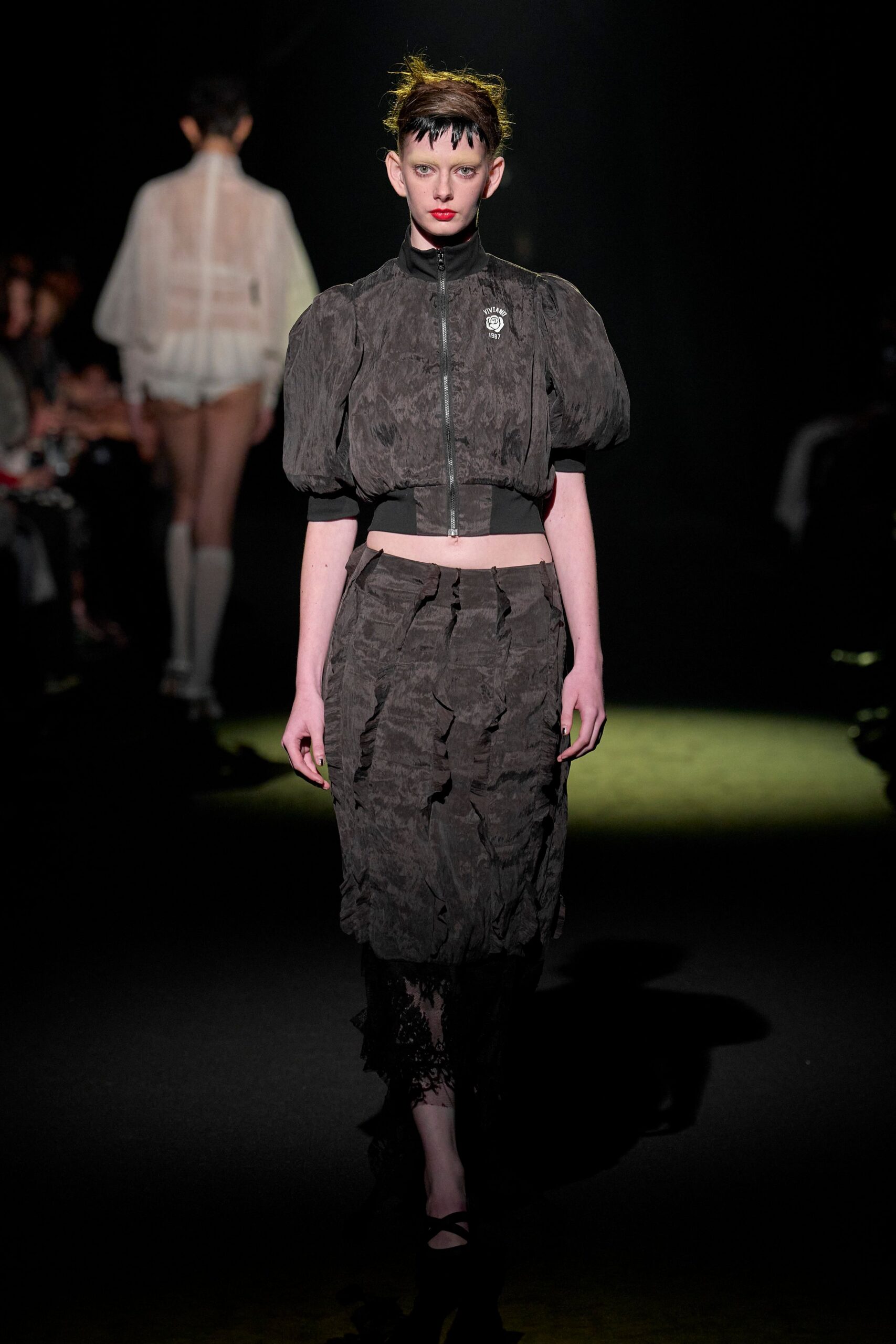 black cotton short-sleeve fitted zippered ruffled cropped top