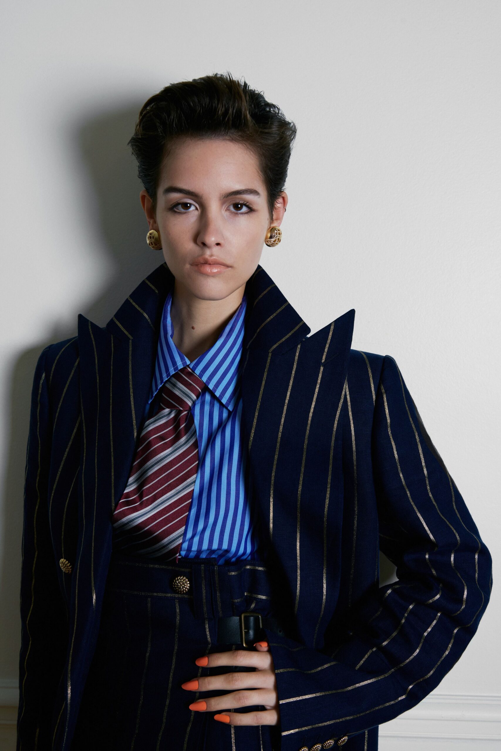 blue wool long-sleeve collared structured striped buttoned blazer