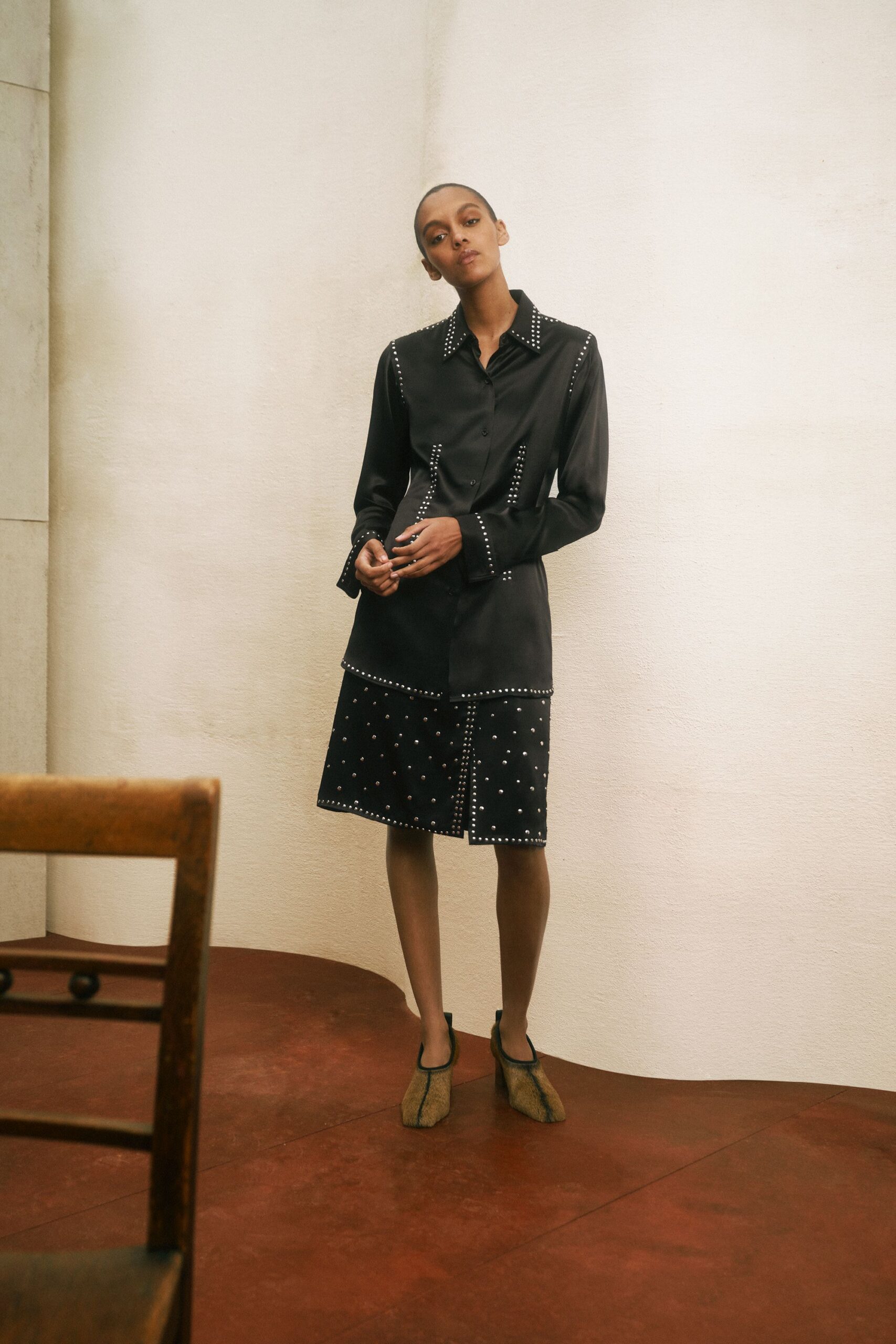 black silk long-sleeve collared fitted buttoned embellished shirt-dress