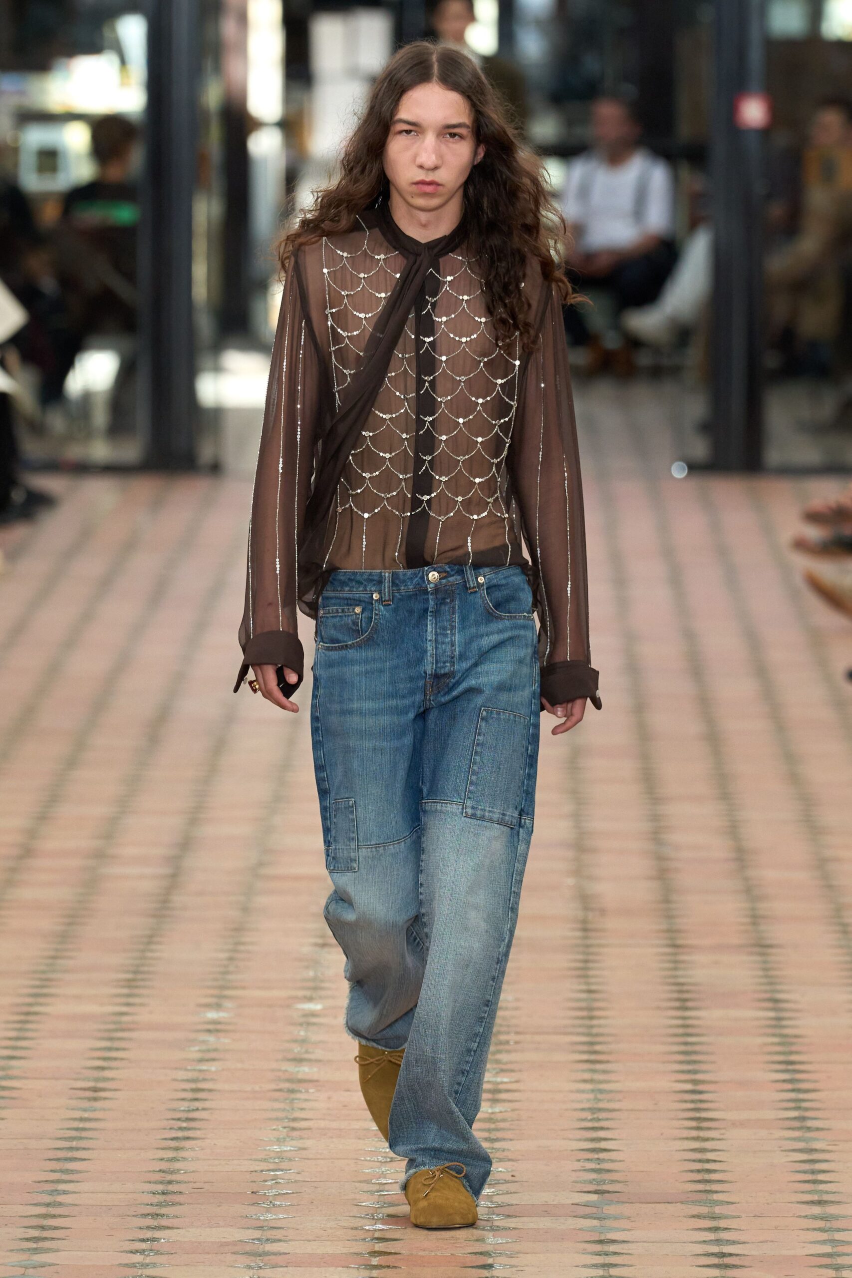 brown silk long-sleeve v-neck relaxed embroidered sheer shirt