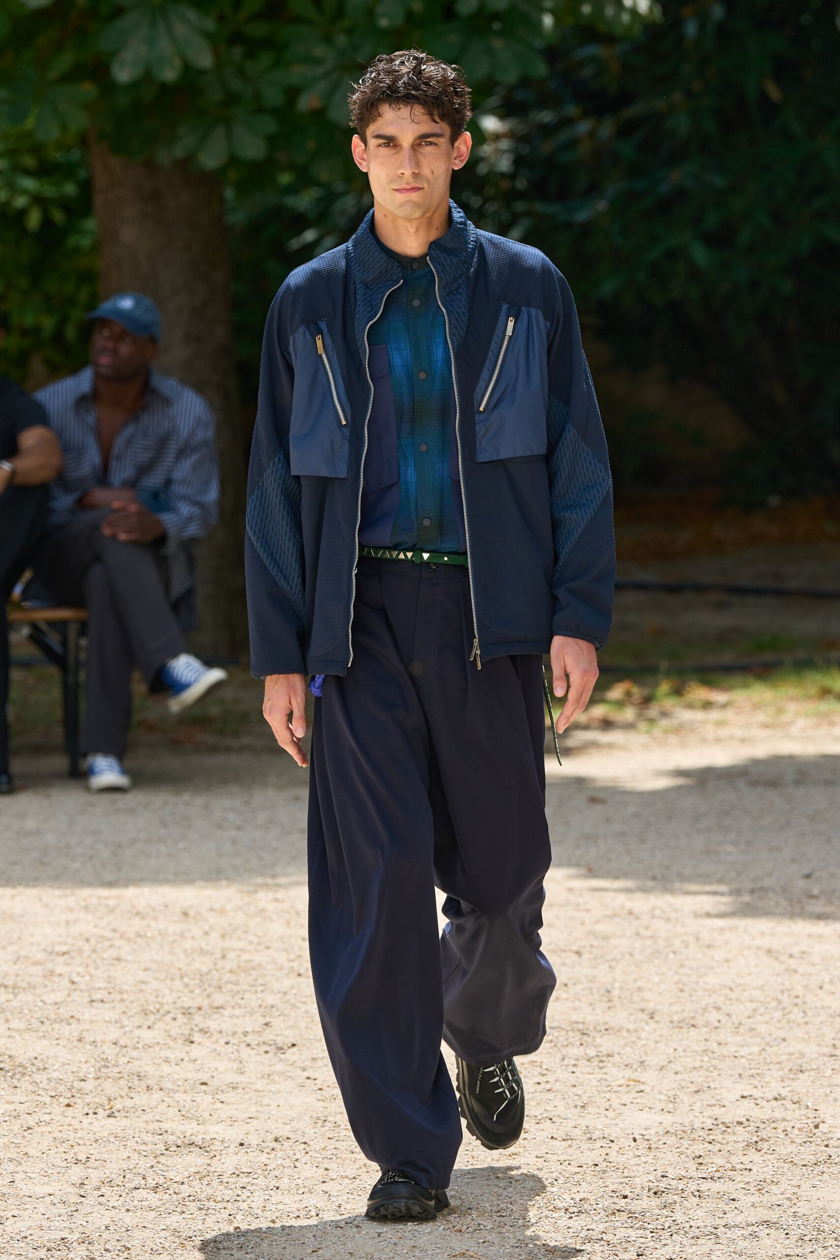 blue relaxed jacket with black pants