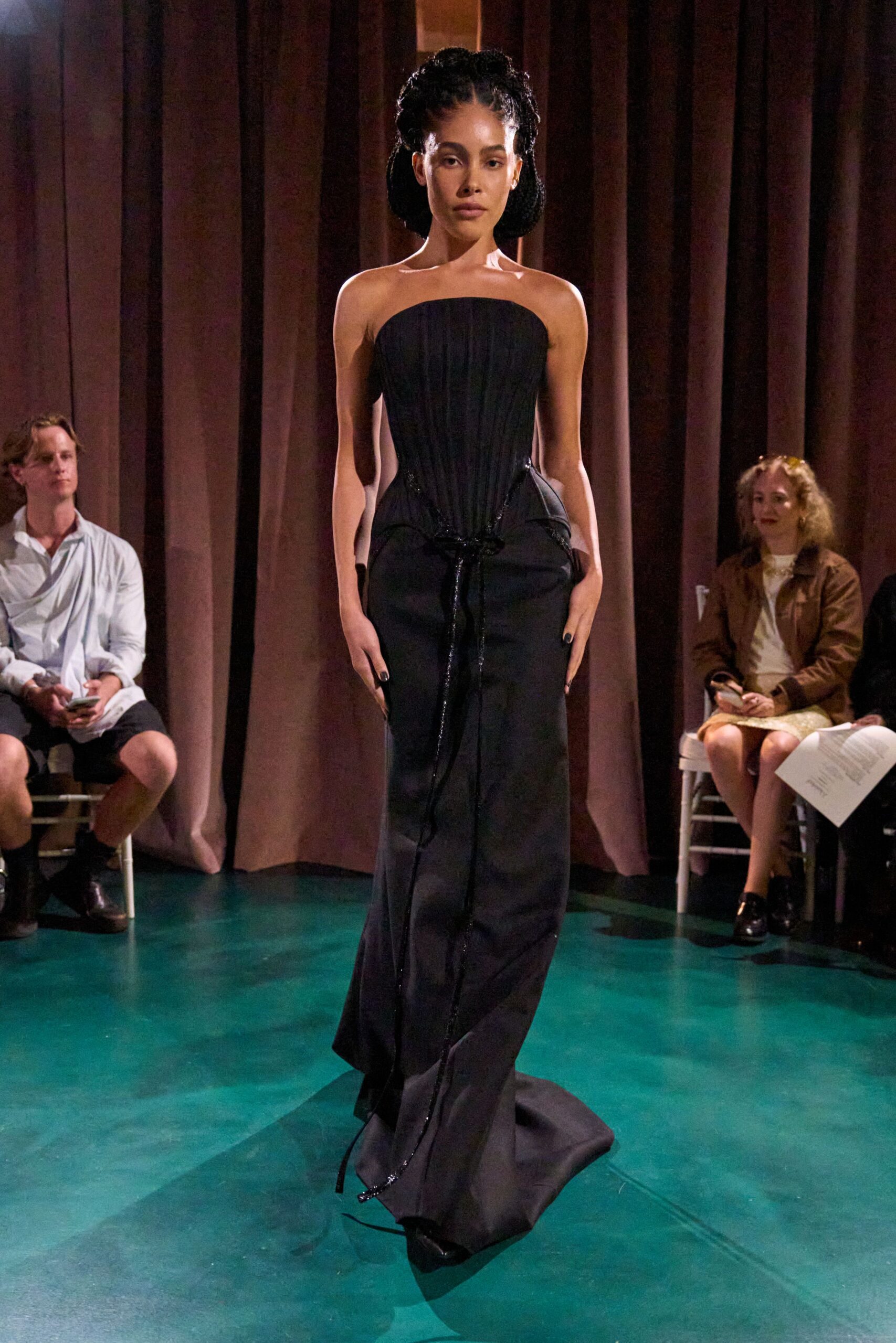 black strapless pleated gown
