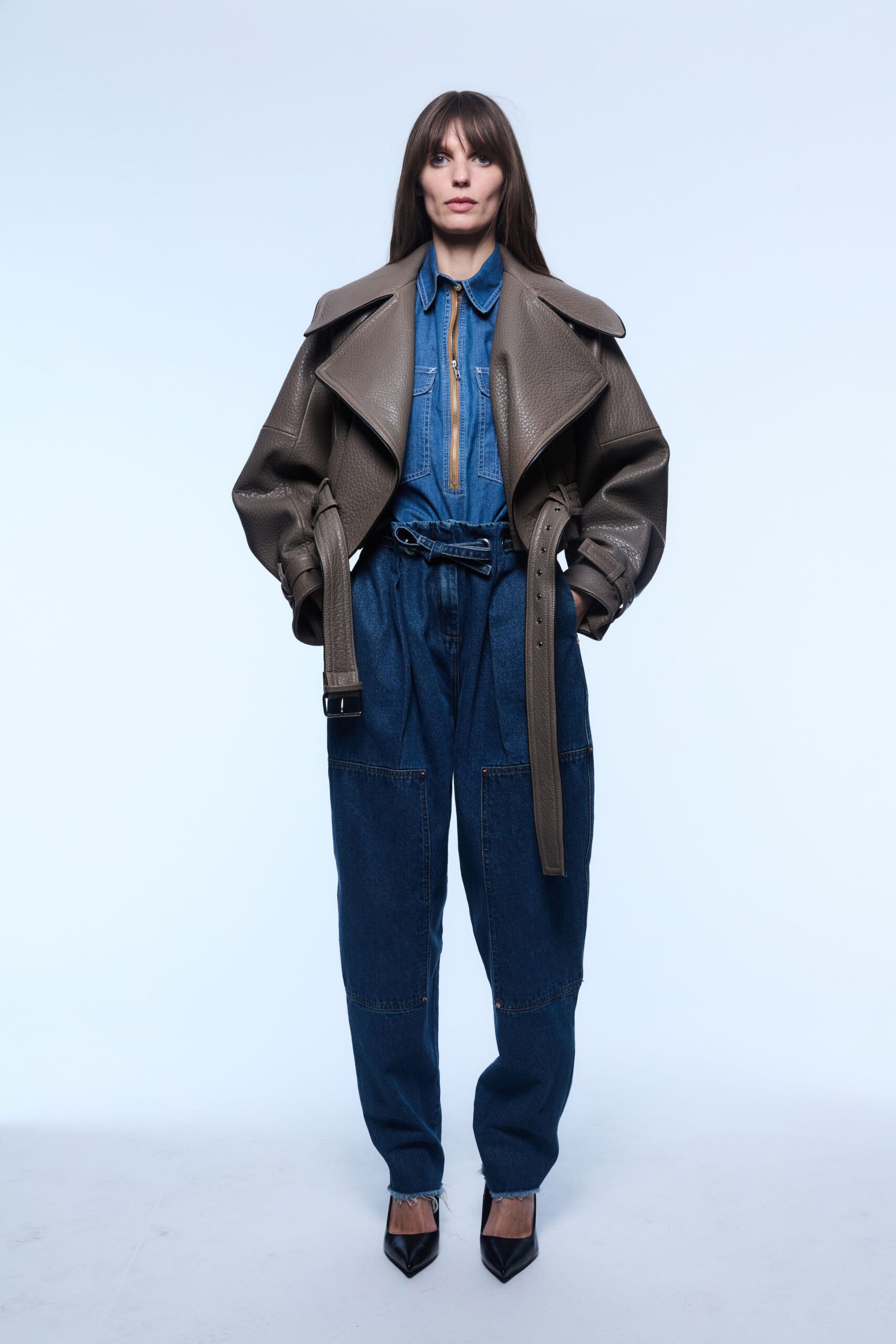 brown leather long-sleeve collared relaxed zippered belted jacket