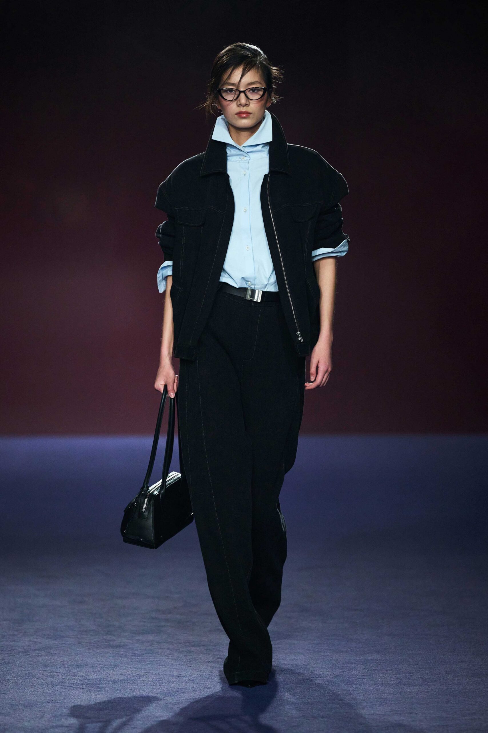 black denim jacket with light blue shirt