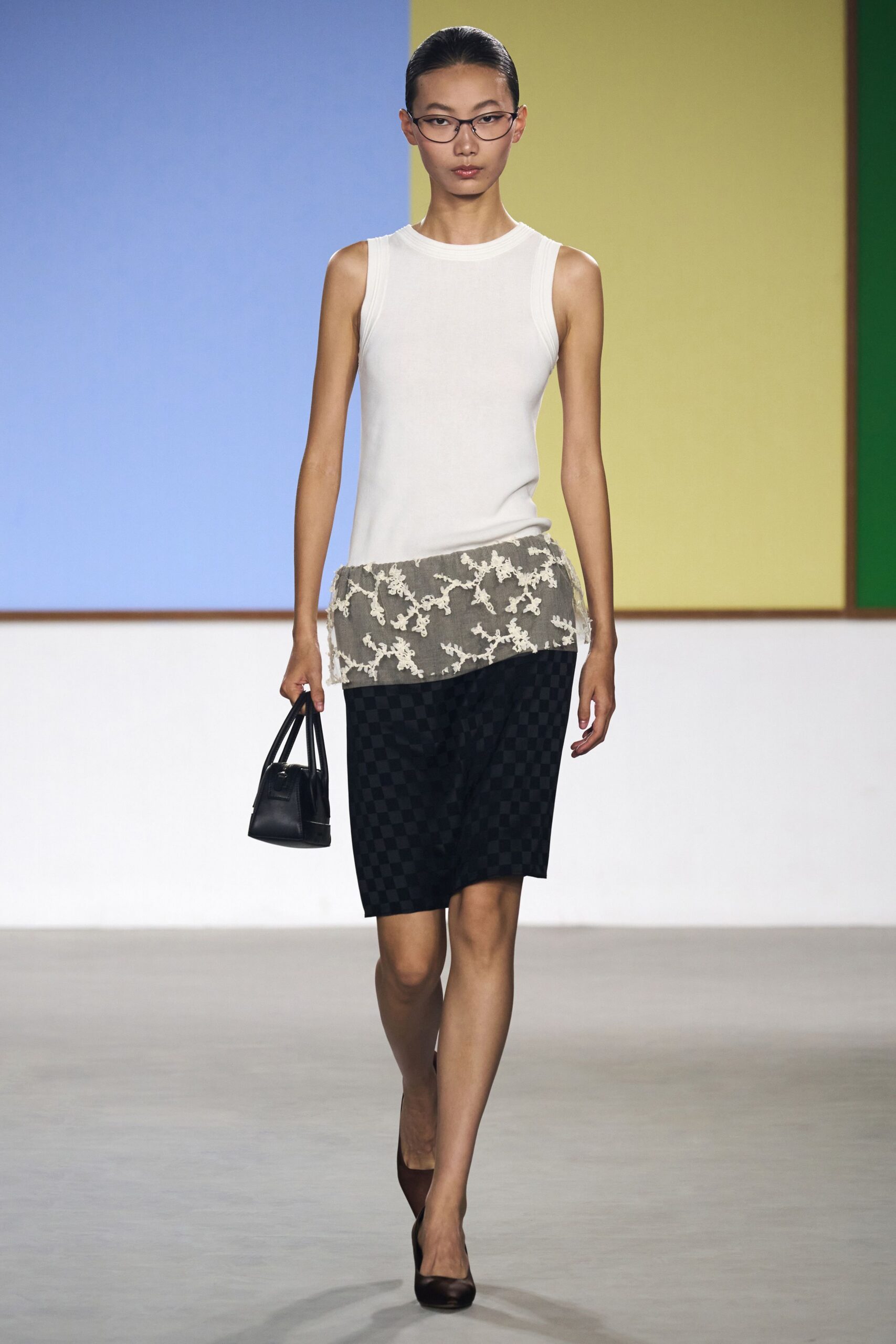white fitted top black pencil skirt