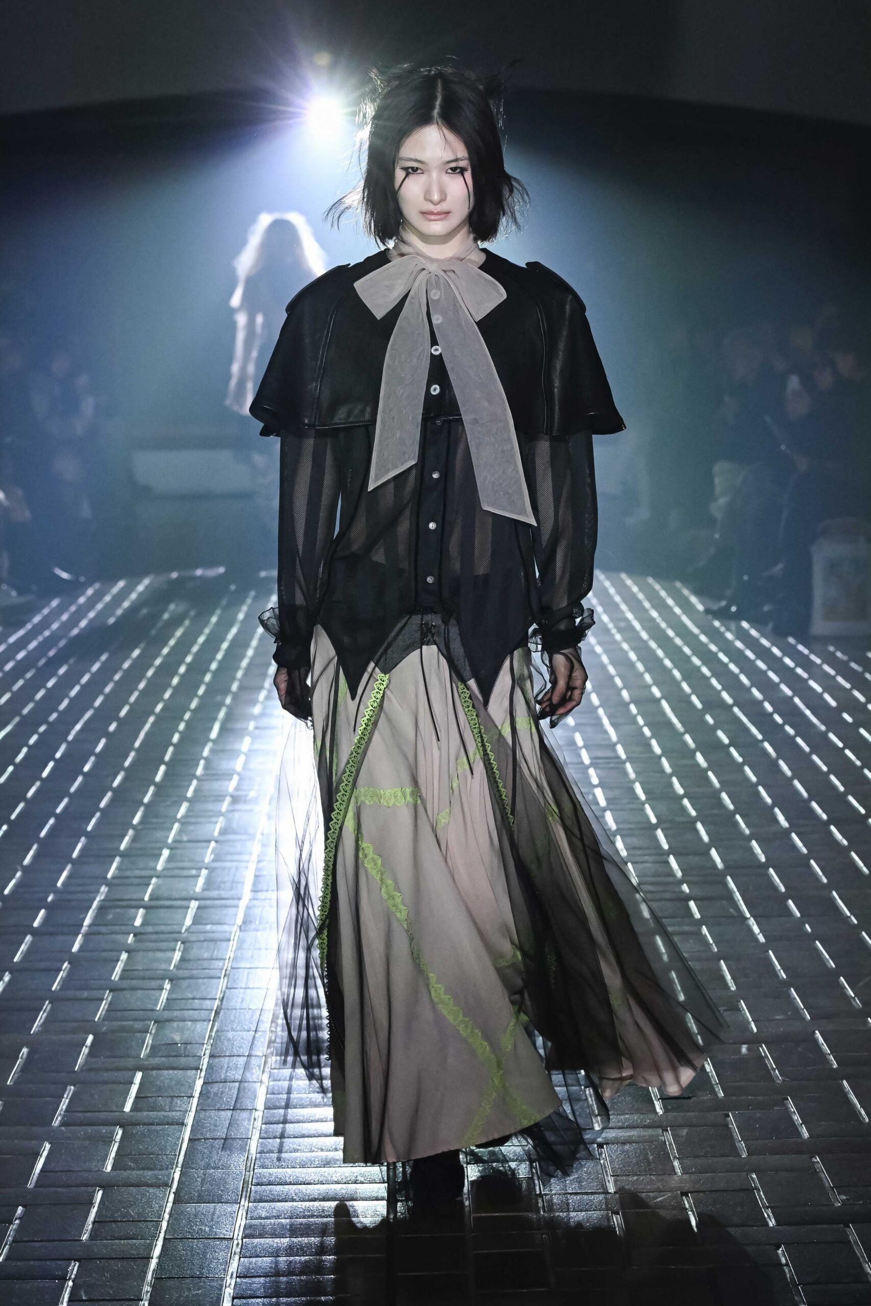 black silk blouse beige tulle skirt