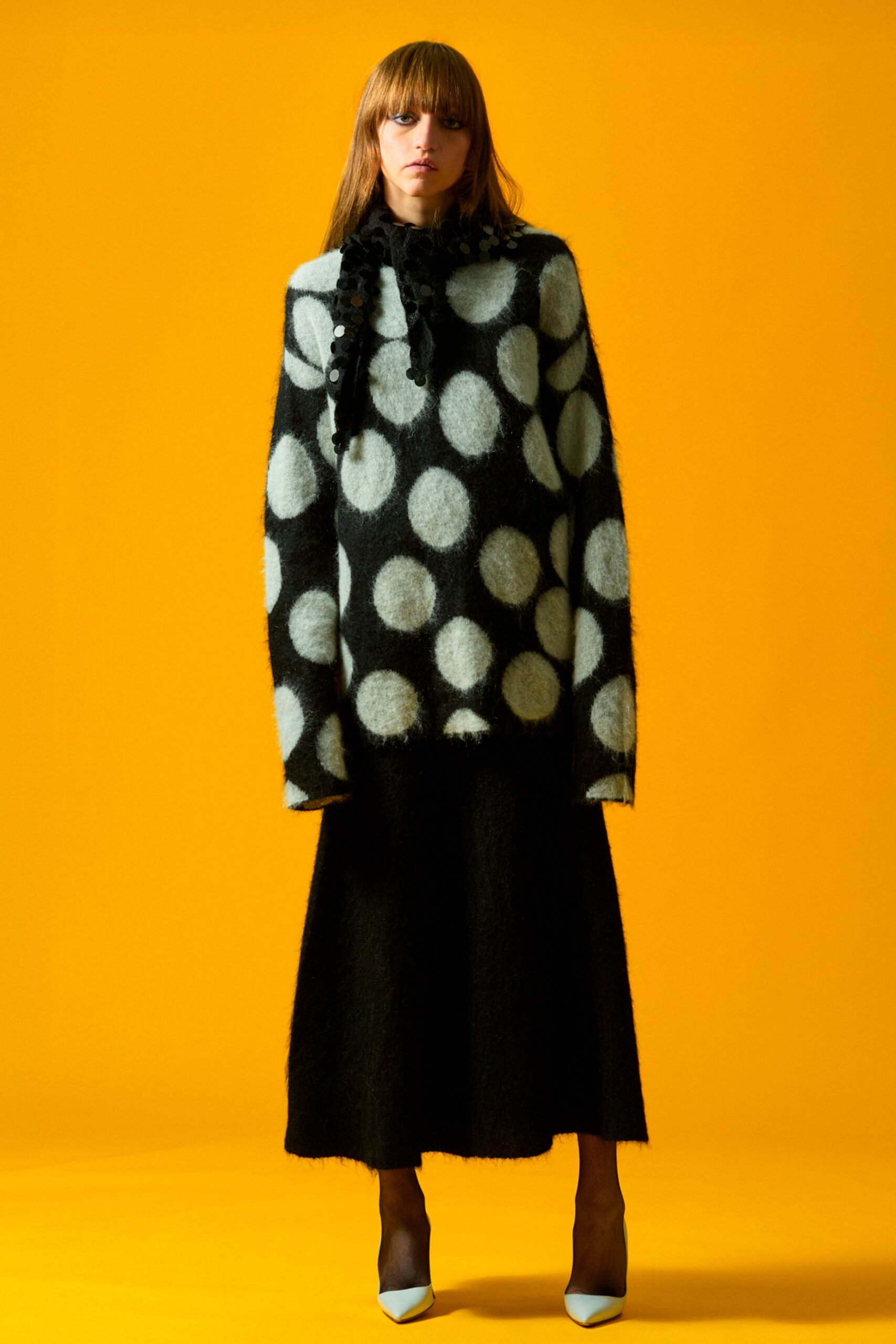black wool long-sleeve collared oversized polka-dot top