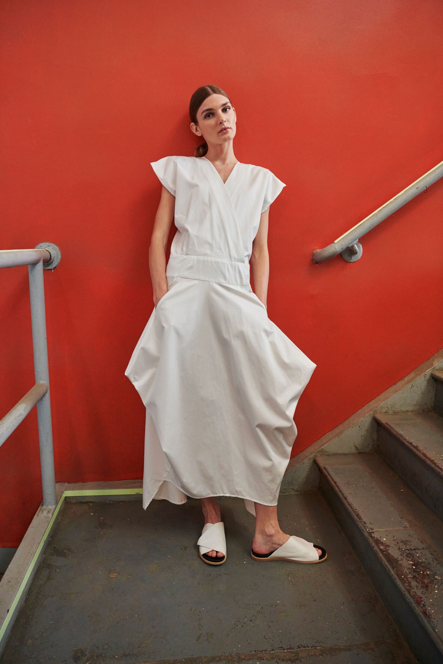 white relaxed maxi dress with sandals