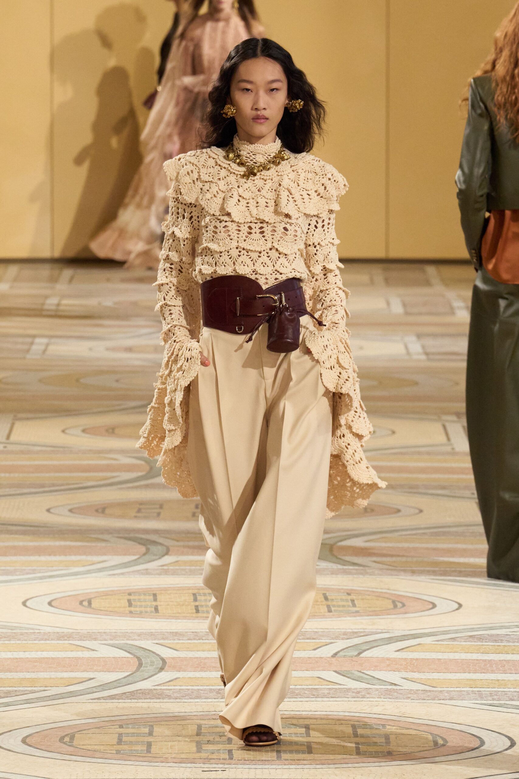 beige cotton long-sleeve collared fitted embroidered ruffled blouse