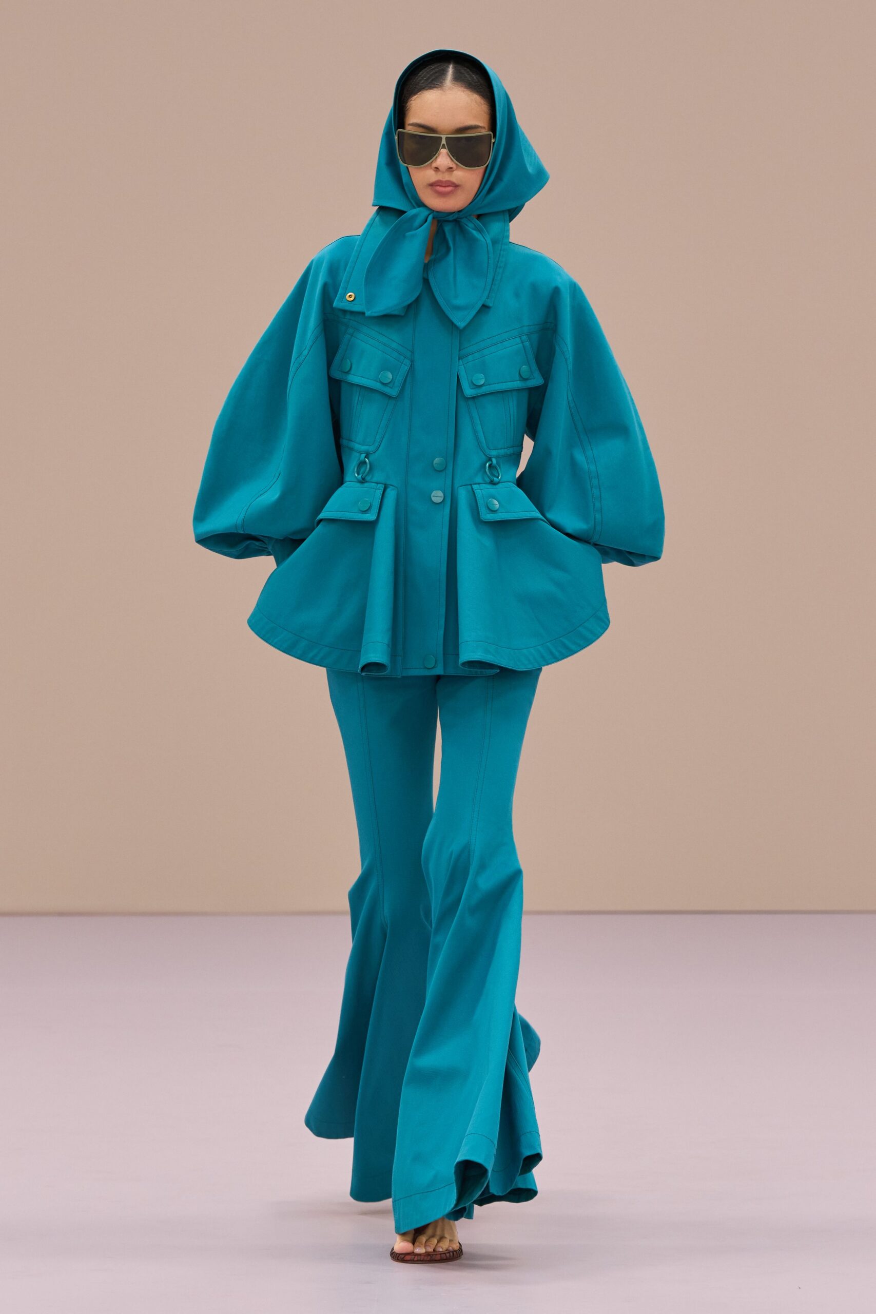 blue cotton fitted flared pants