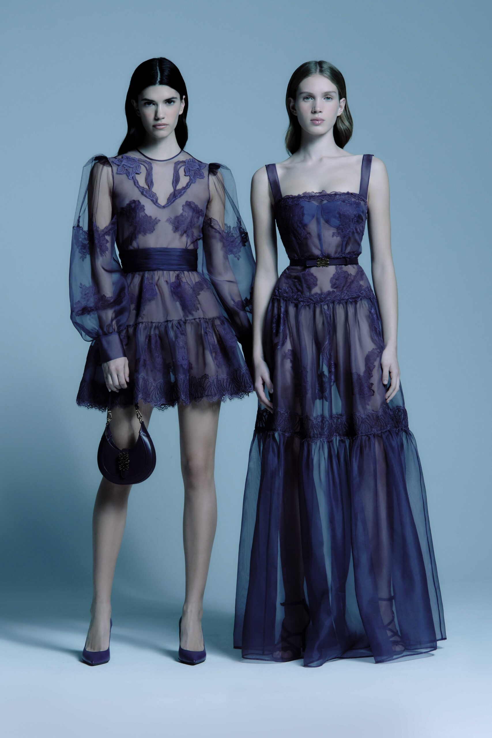 purple tulle sleeveless square-neck fitted tiered sheer gown