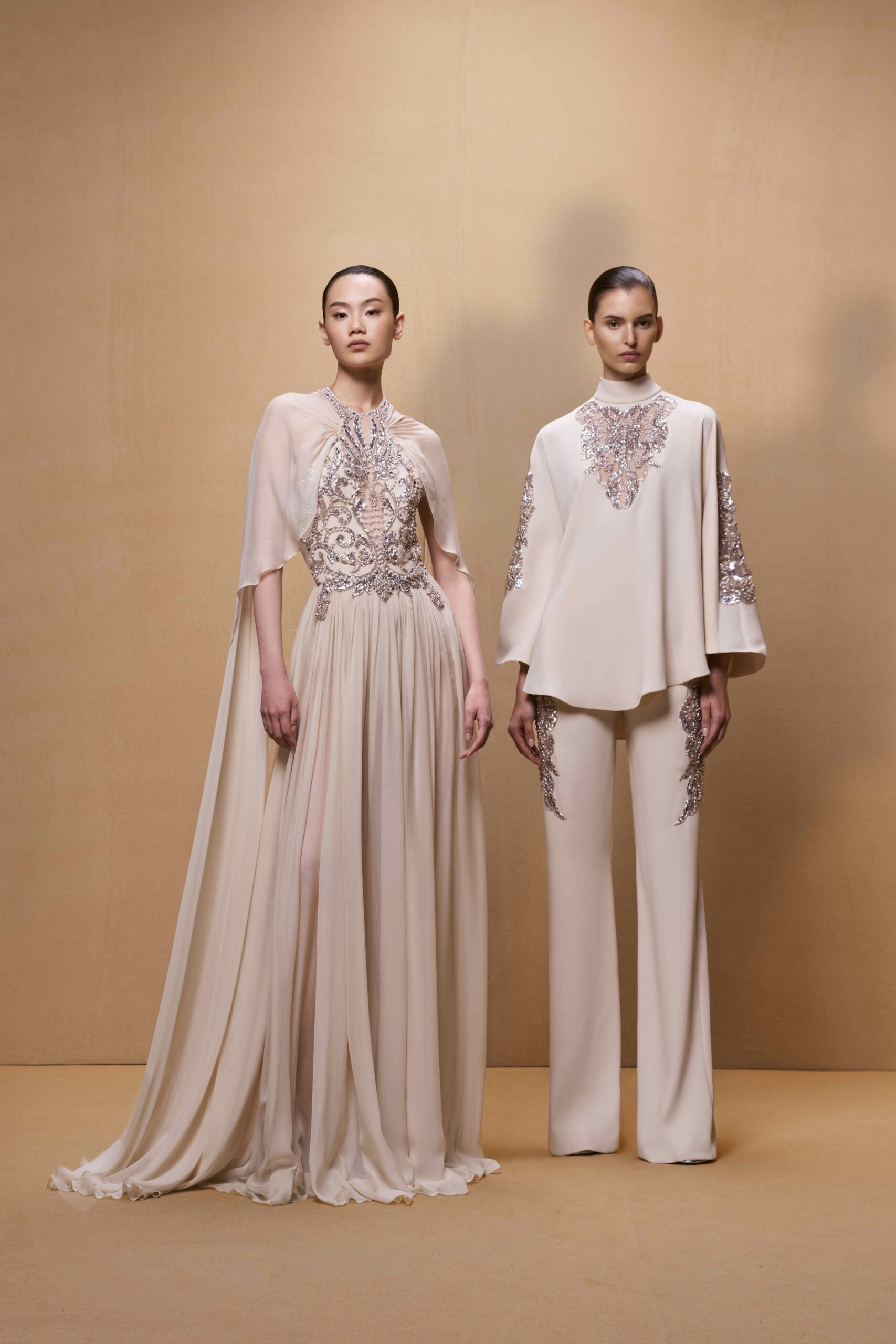 beige embellished gown and top