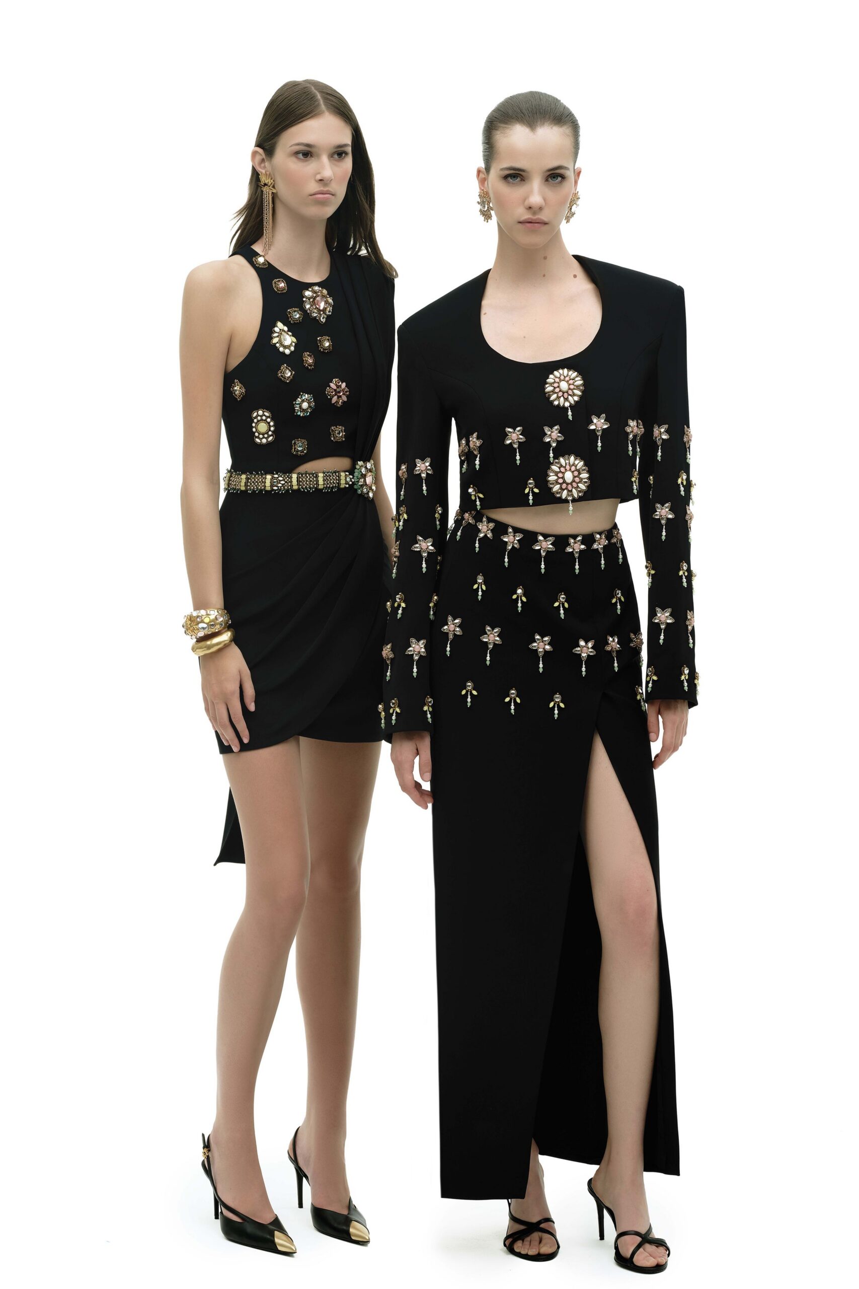 black silk sleeveless high-neck fitted embroidered mini mini-dress